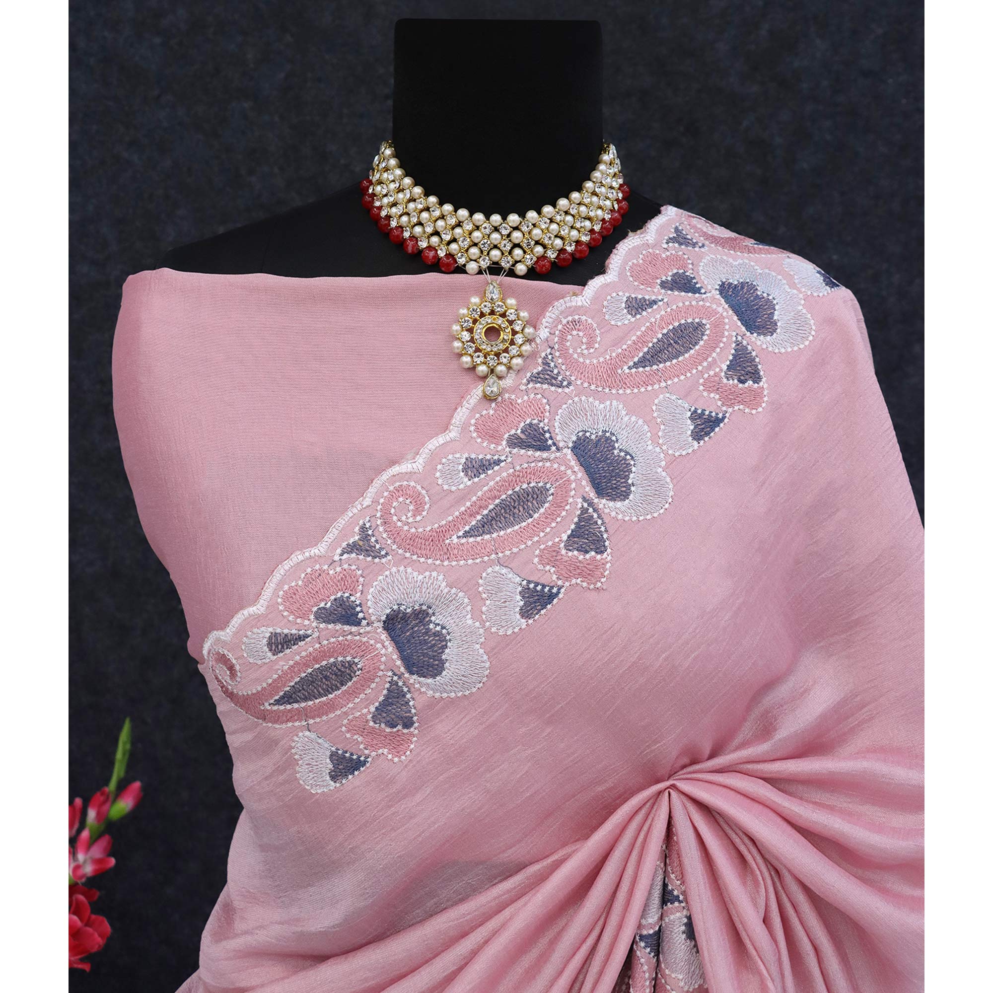 Pink Floral Embroidered Vichitra Silk Saree