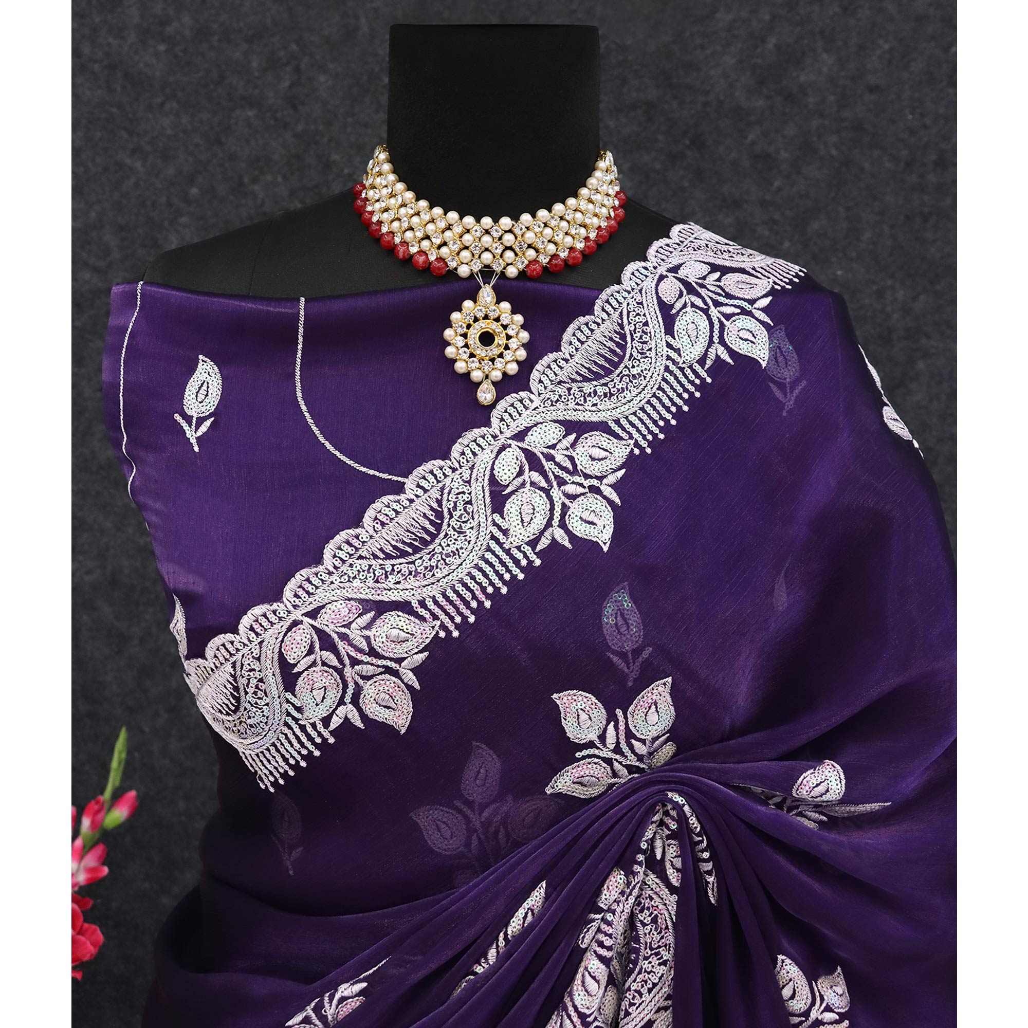 Purple Sequins Embroidered Chiffon Saree
