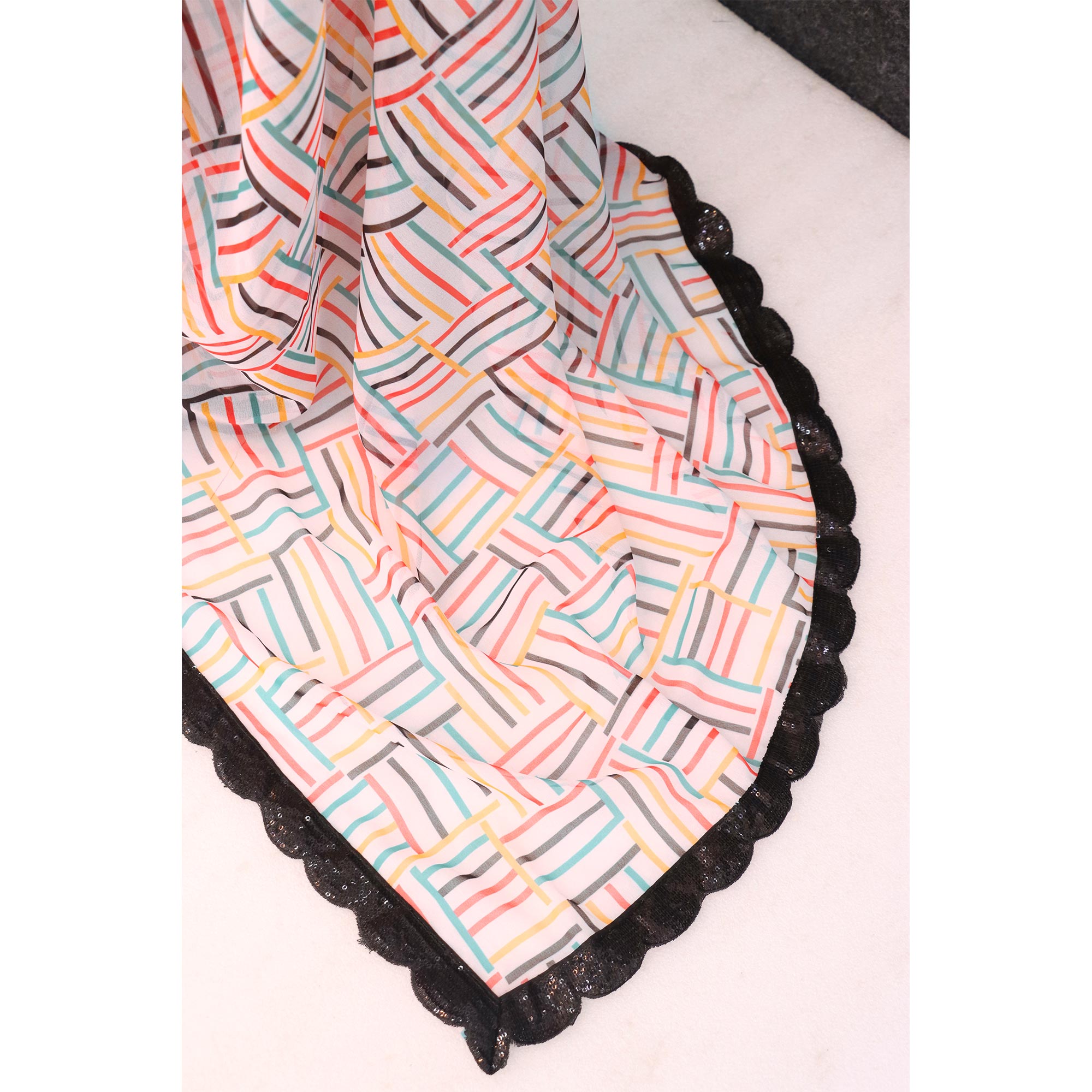 White Printed Georgette Saree With Sequins Border