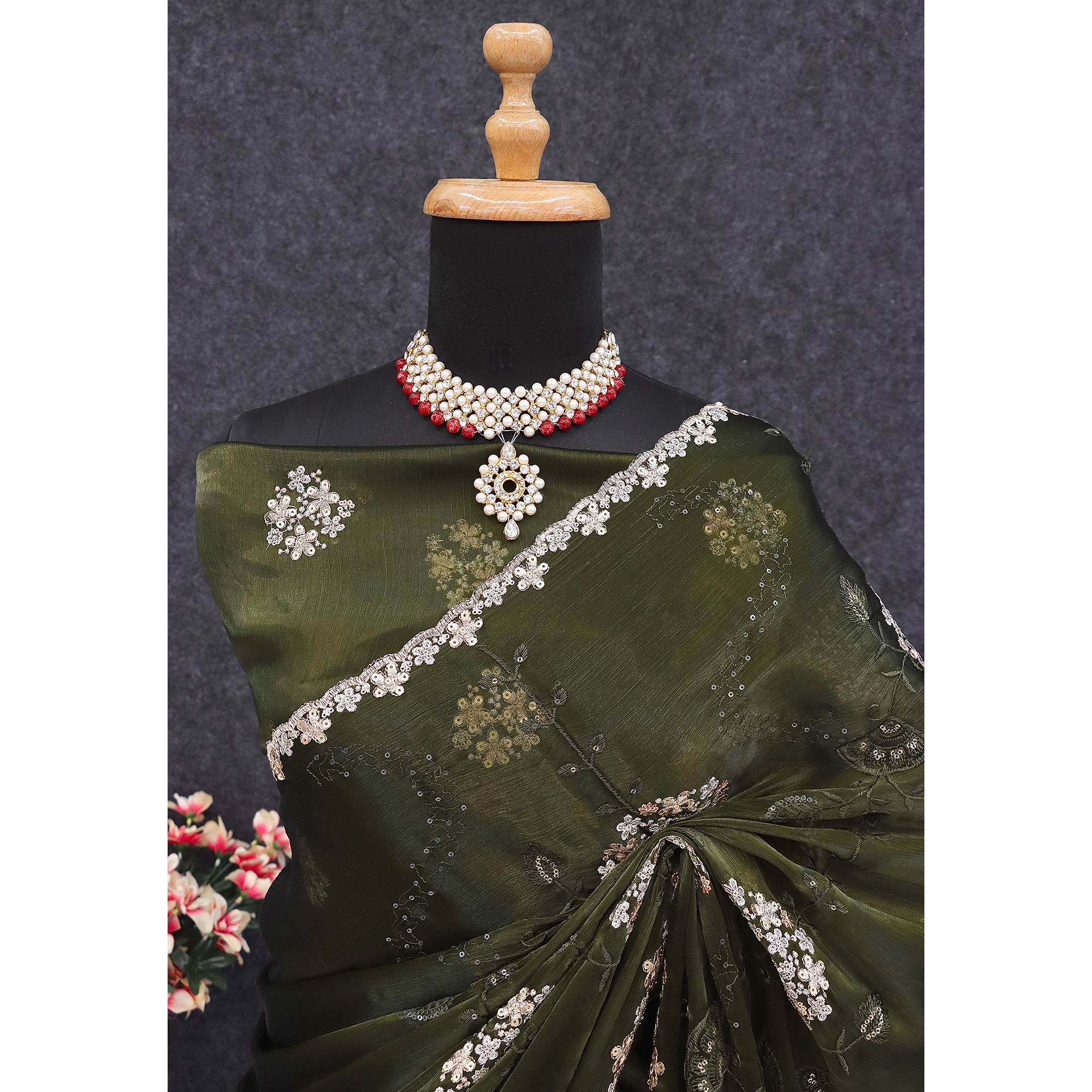 Green Sequins Embroidered Chiffon Saree