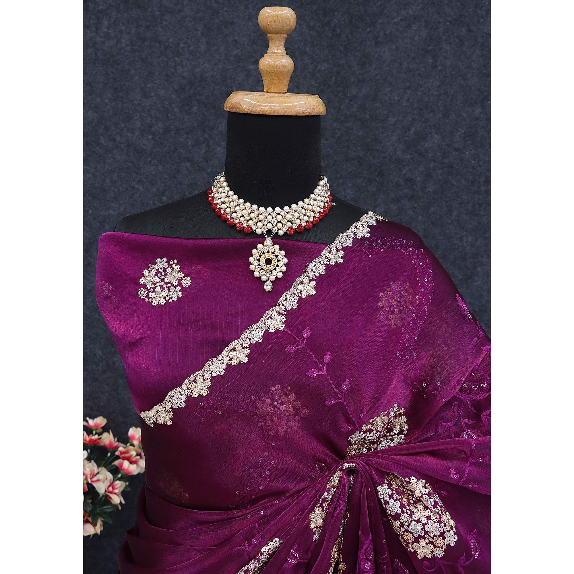 Purple Sequins Embroidered Chiffon Saree