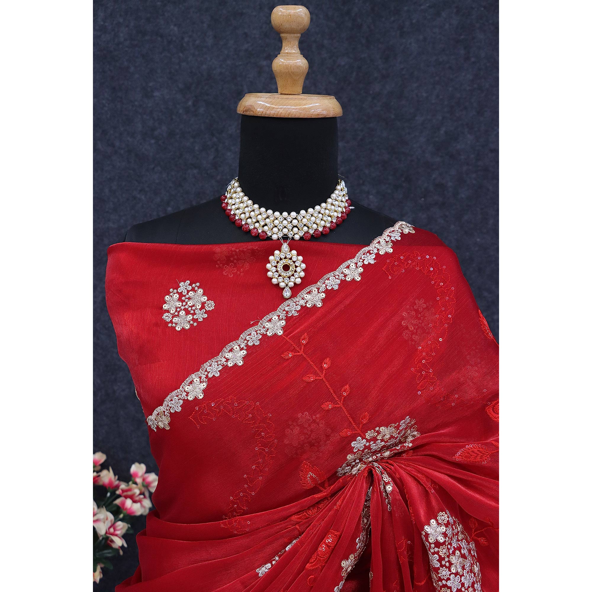 Red Sequins Embroidered Chiffon Saree