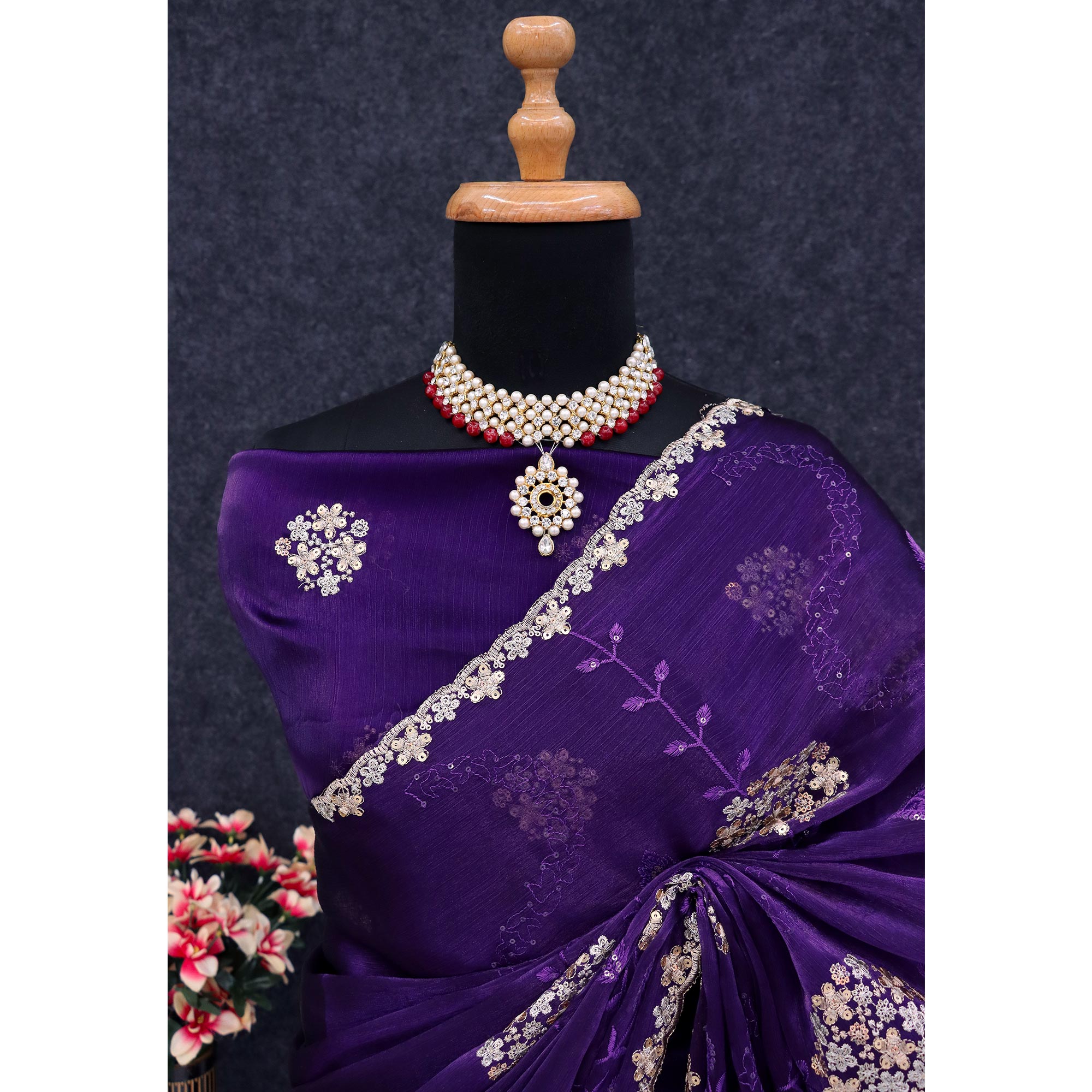 Violet Sequins Embroidered Chiffon Saree