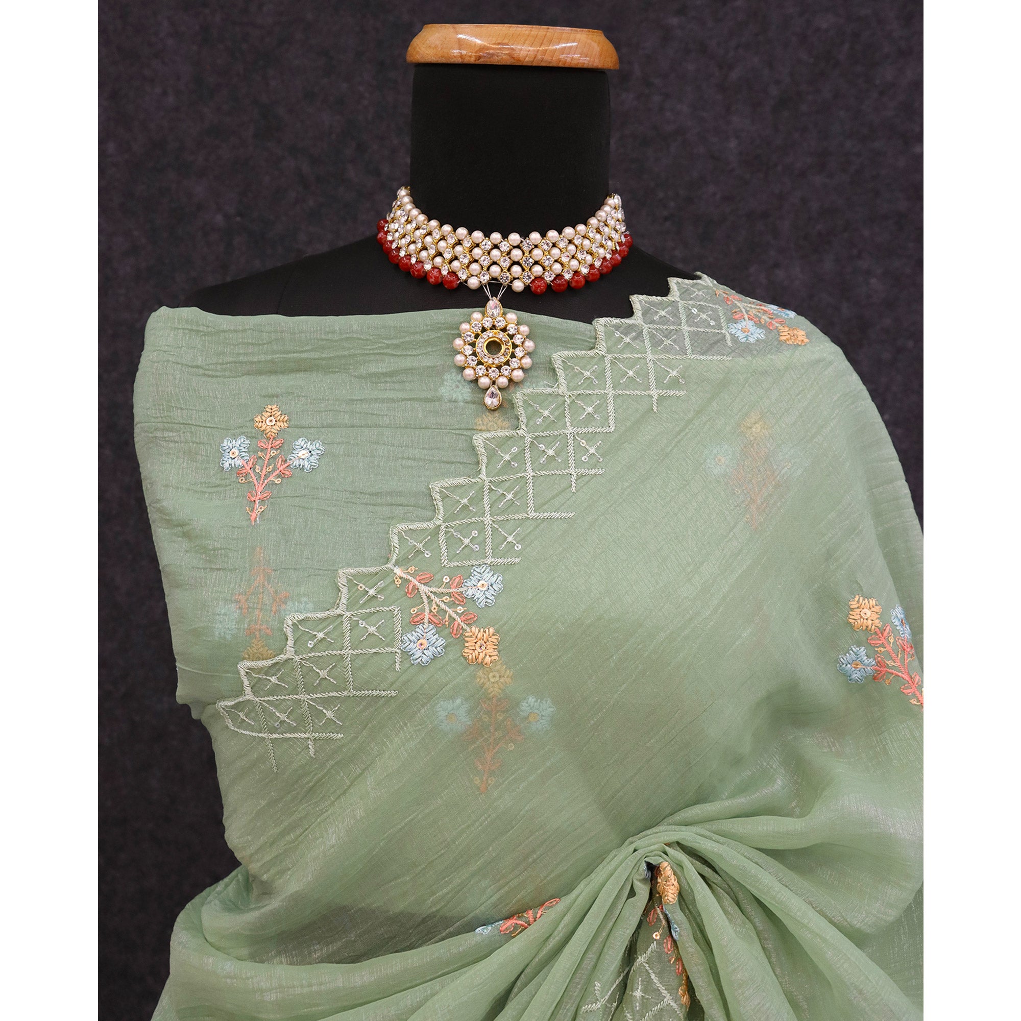 Green Floral Sequins Embroidered Art Silk Crush Saree
