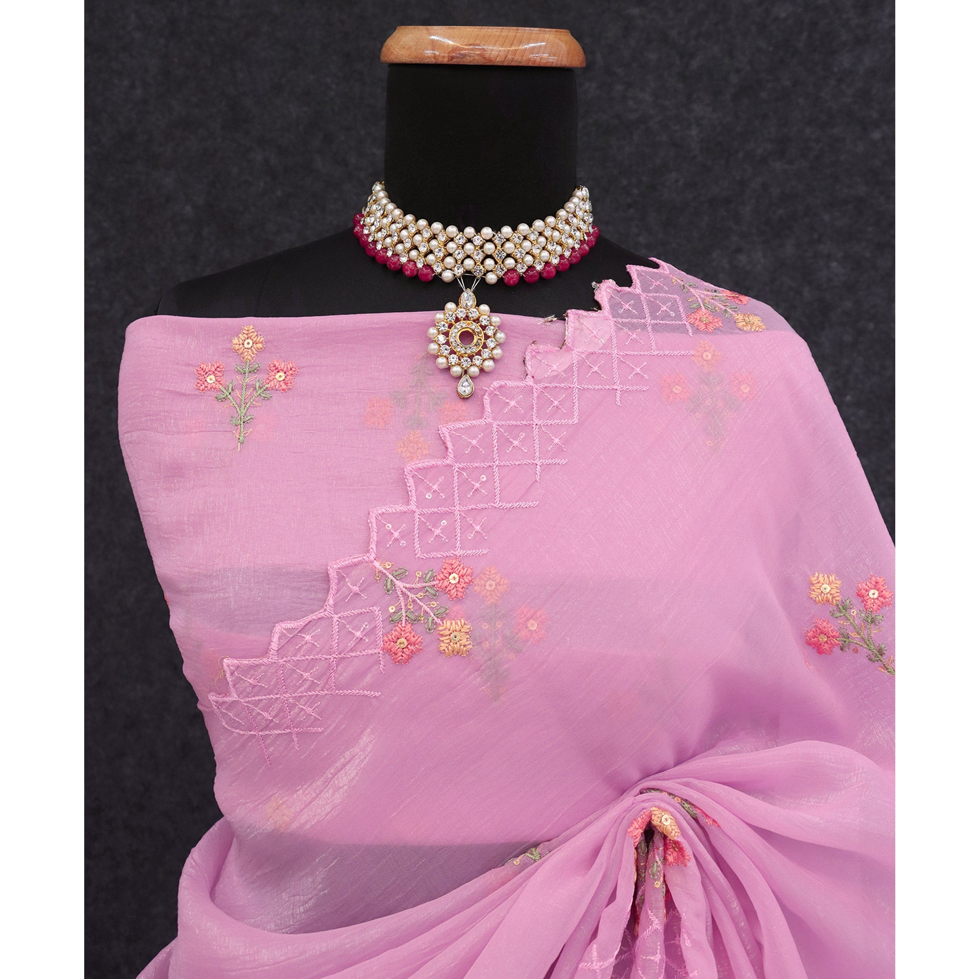 Pink Floral Sequins Embroidered Art Silk Crush Saree