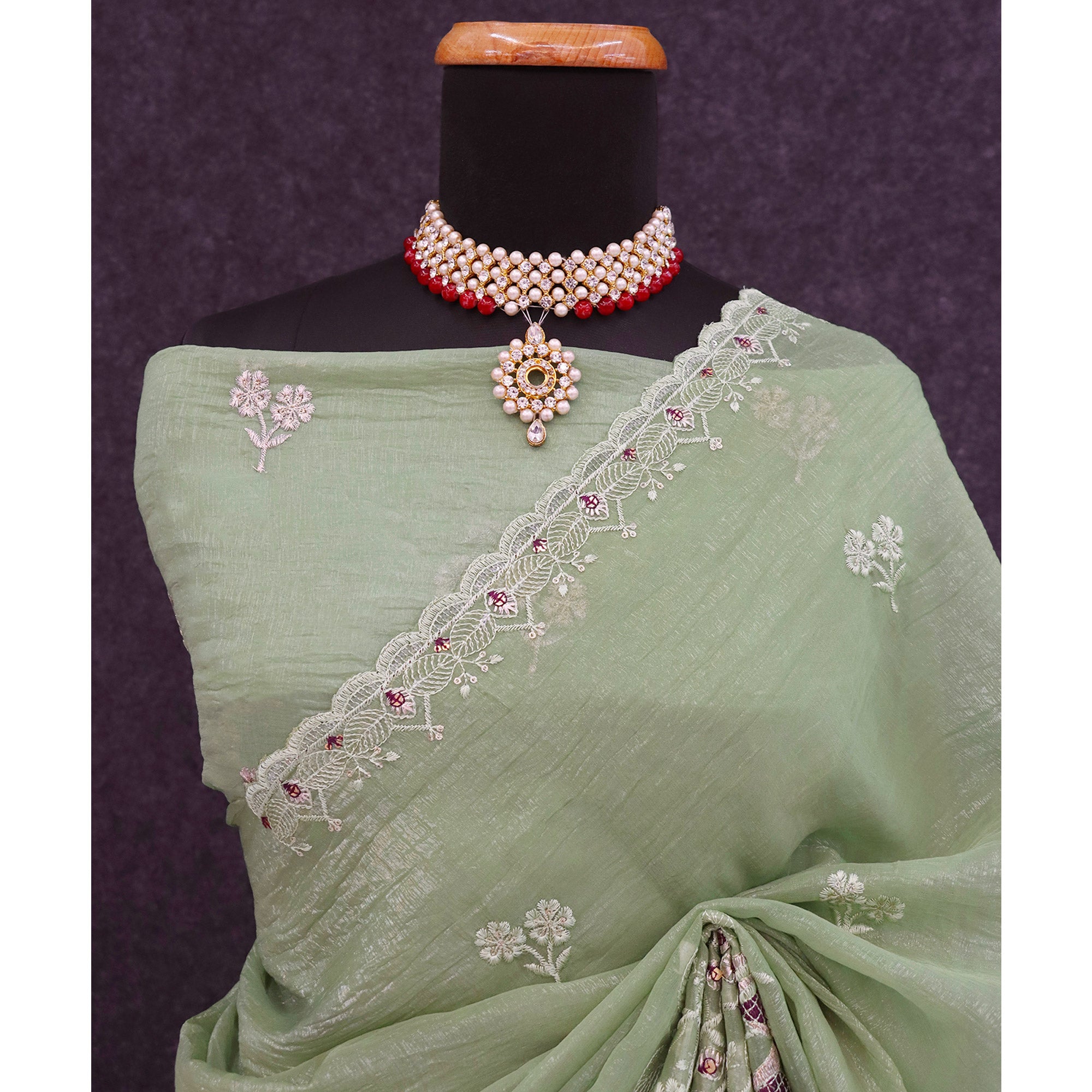 Green Floral Sequins Embroidered Art Silk Crush Saree