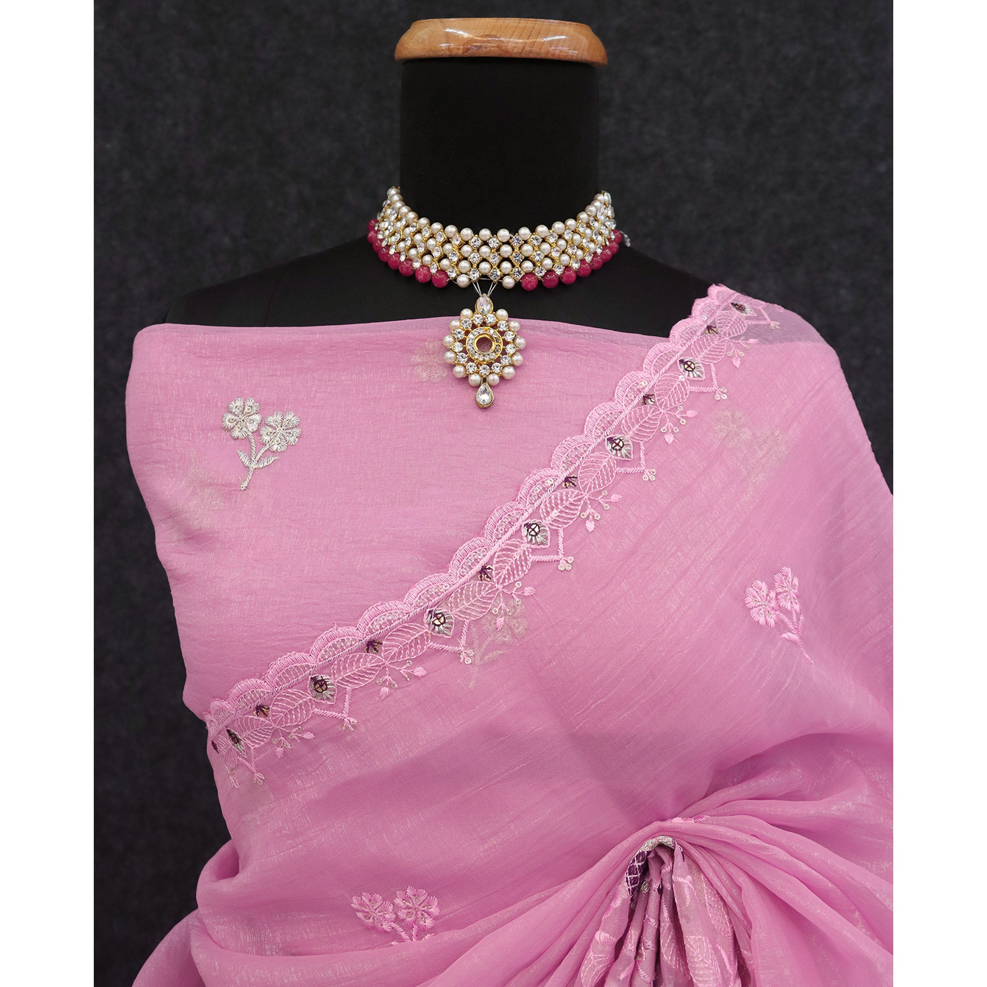 Pink Floral Sequins Embroidered Art Silk Crush Saree