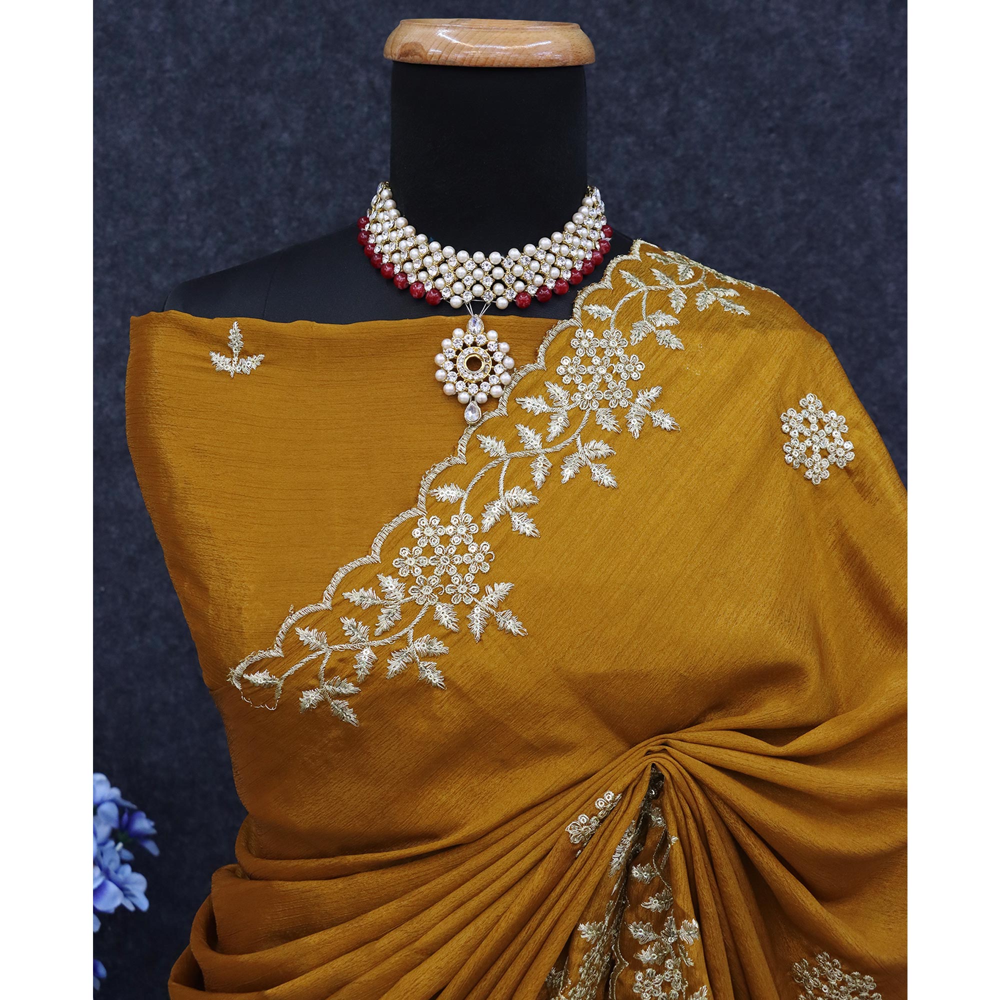 Mustard Floral Sequins Embroidered Chinon Saree
