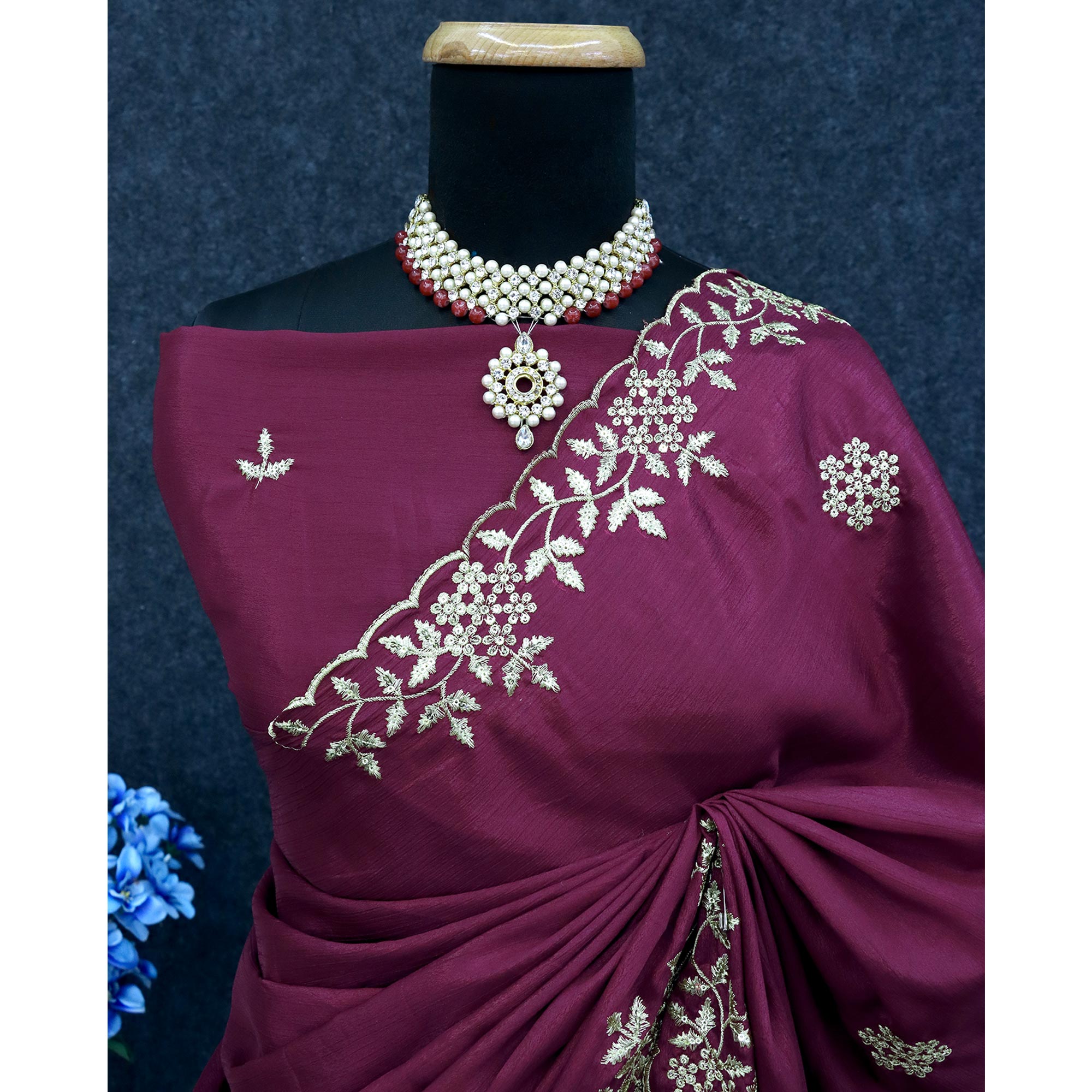Wine Floral Sequins Embroidered Chinon Saree