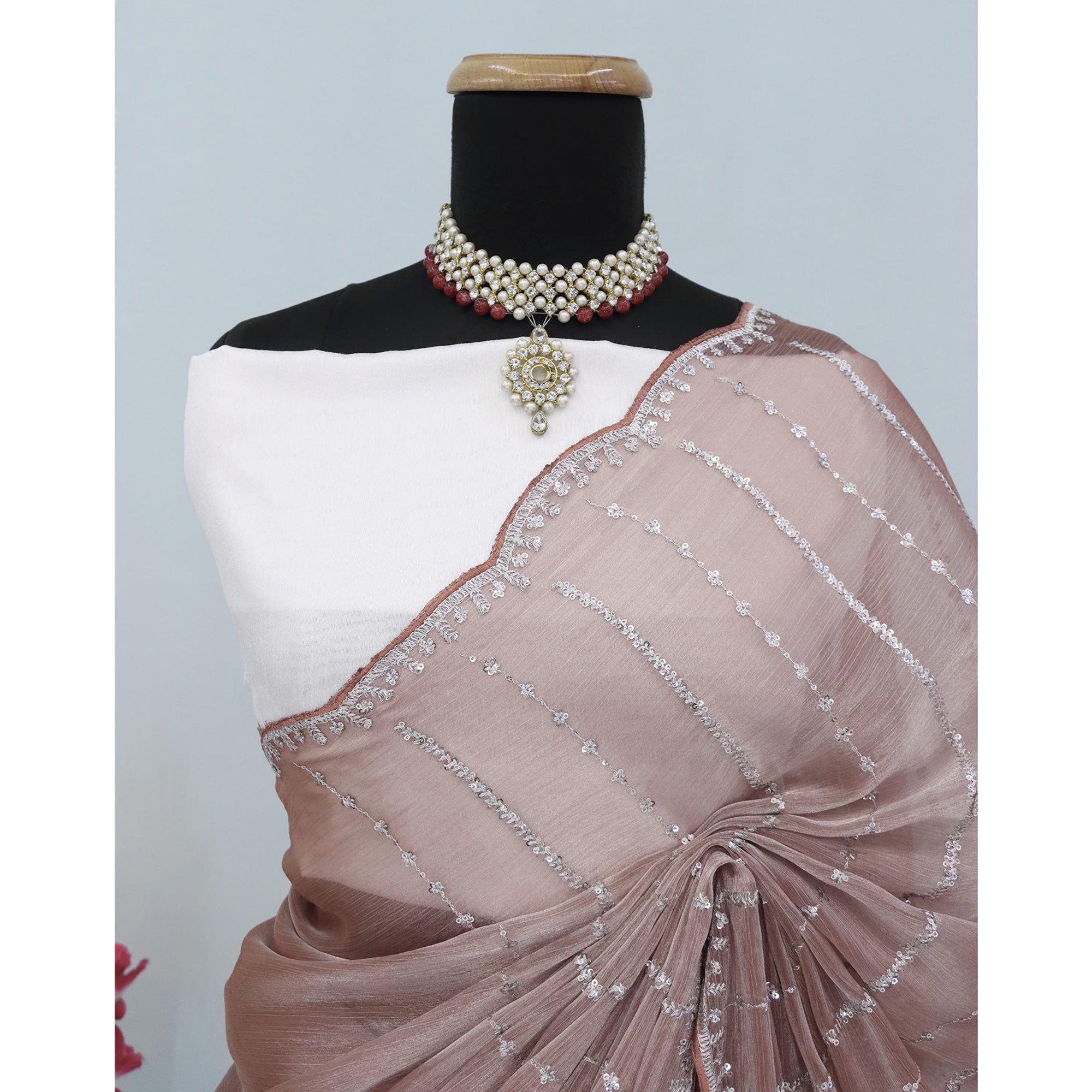 Brown Sequins Work Embroidered Chiffon Saree