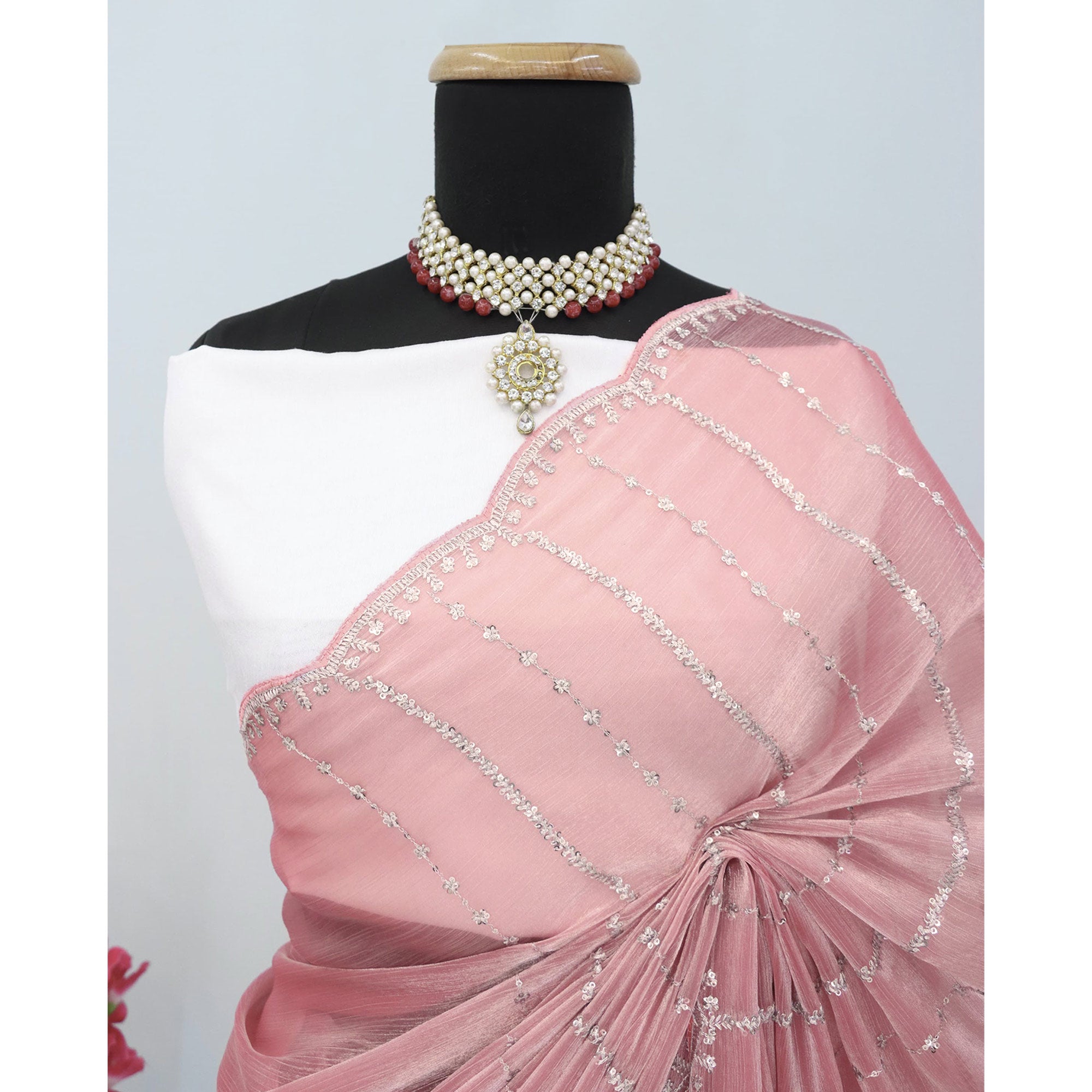 Peach Sequins Work Embroidered Chiffon Saree