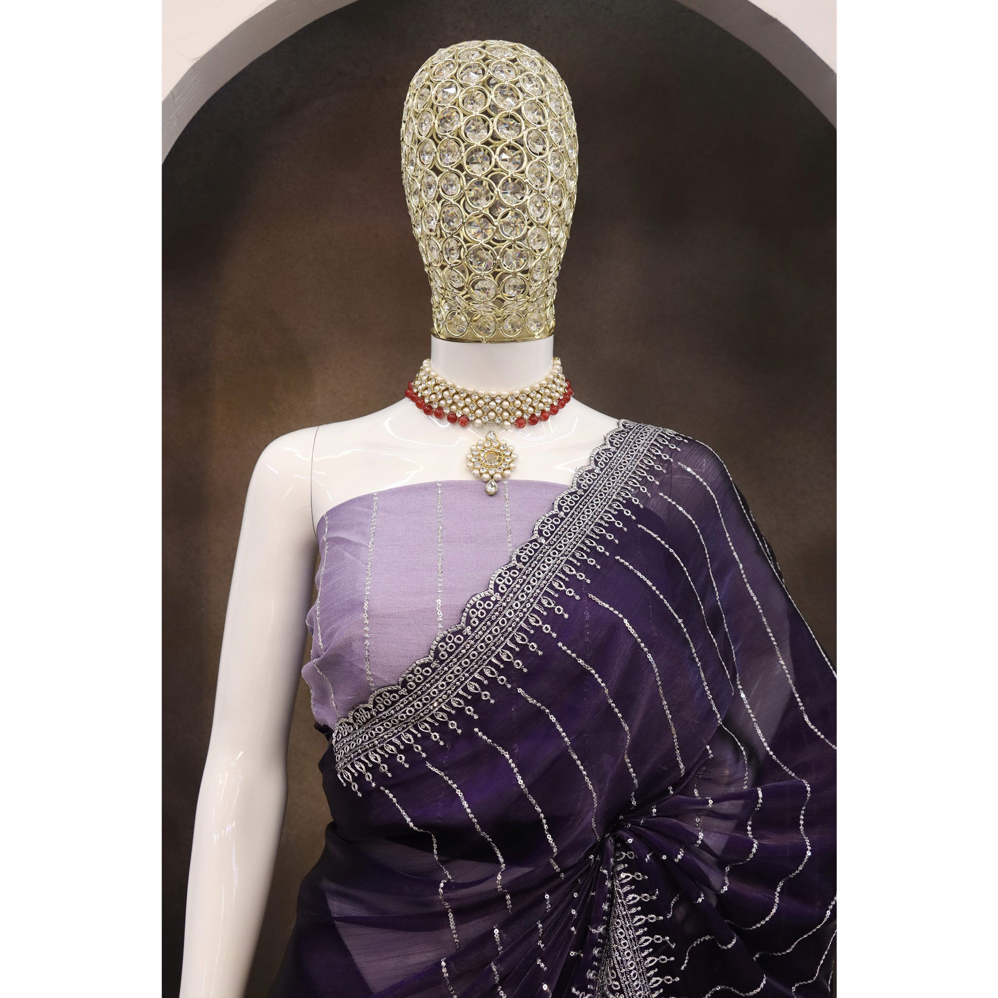 Purple Sequins Embroidered Chiffon Saree