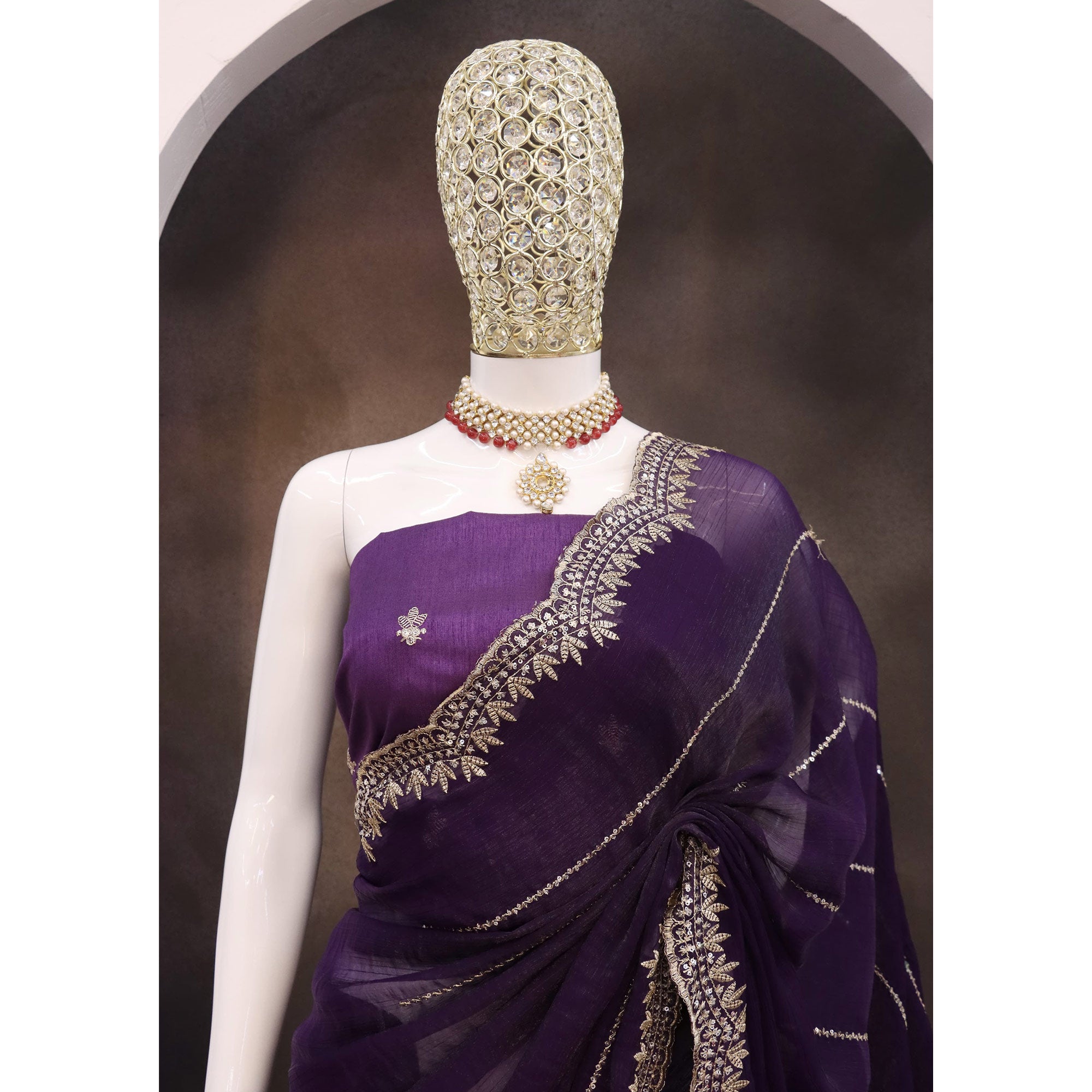 Purple Sequins Work Embroidered Chiffon Saree