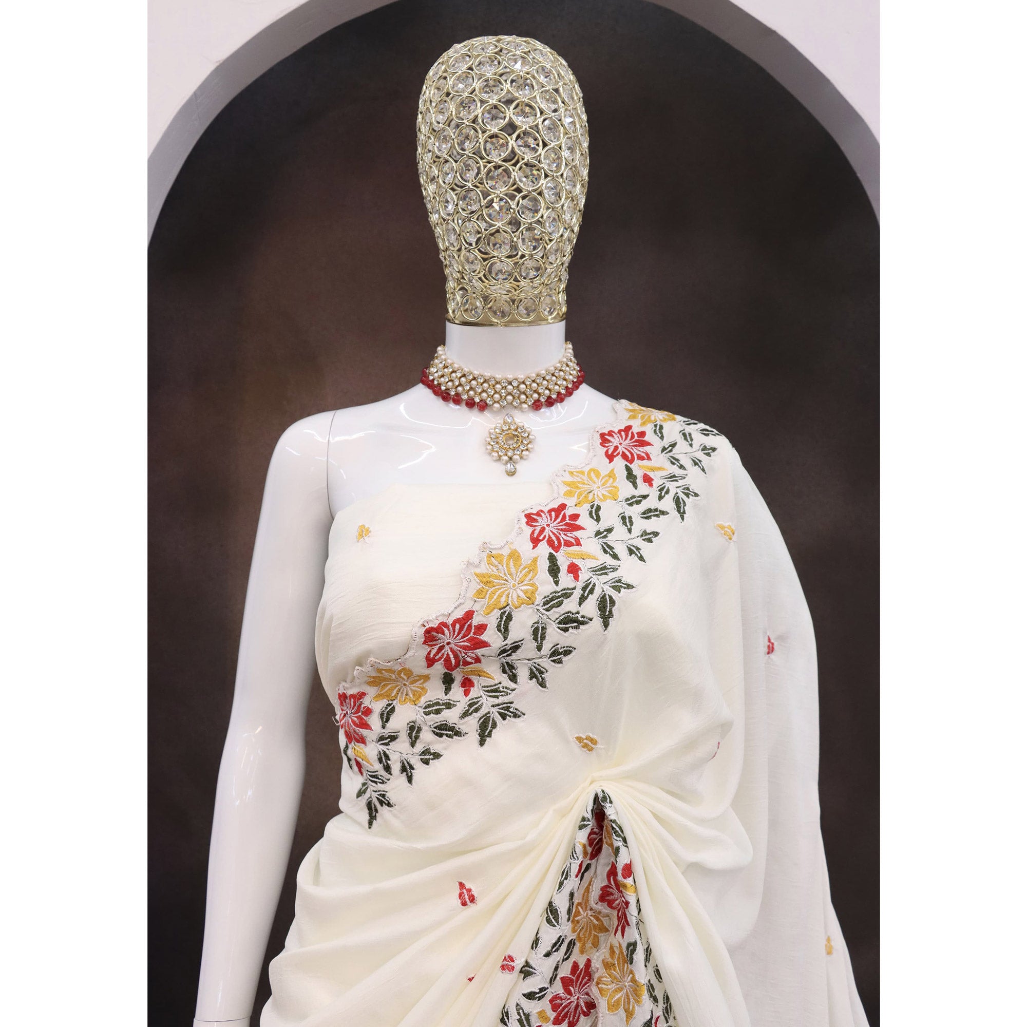 White Floral Embroidered Vichitra Silk Saree