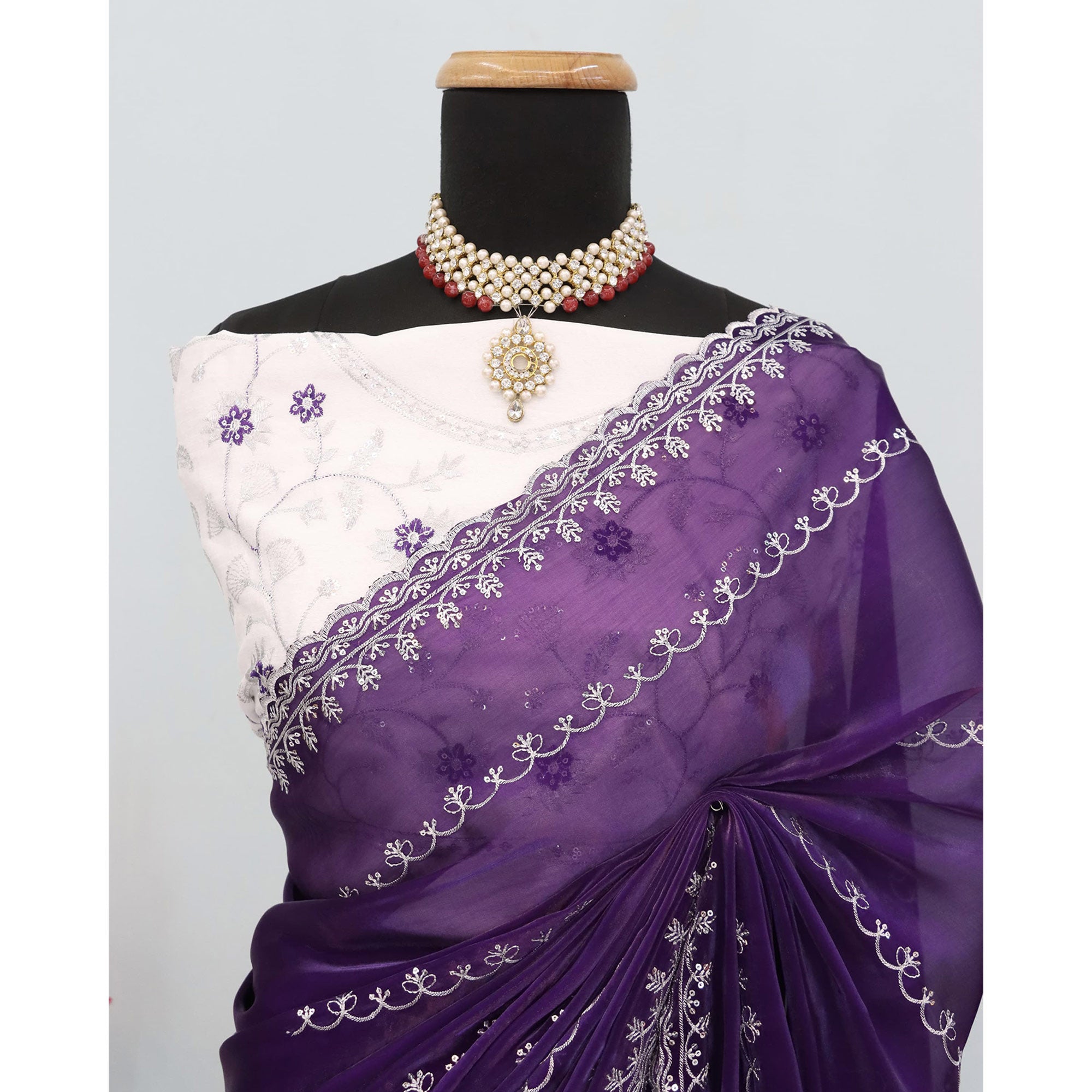 Purple Sequins Embroidered Satin Saree