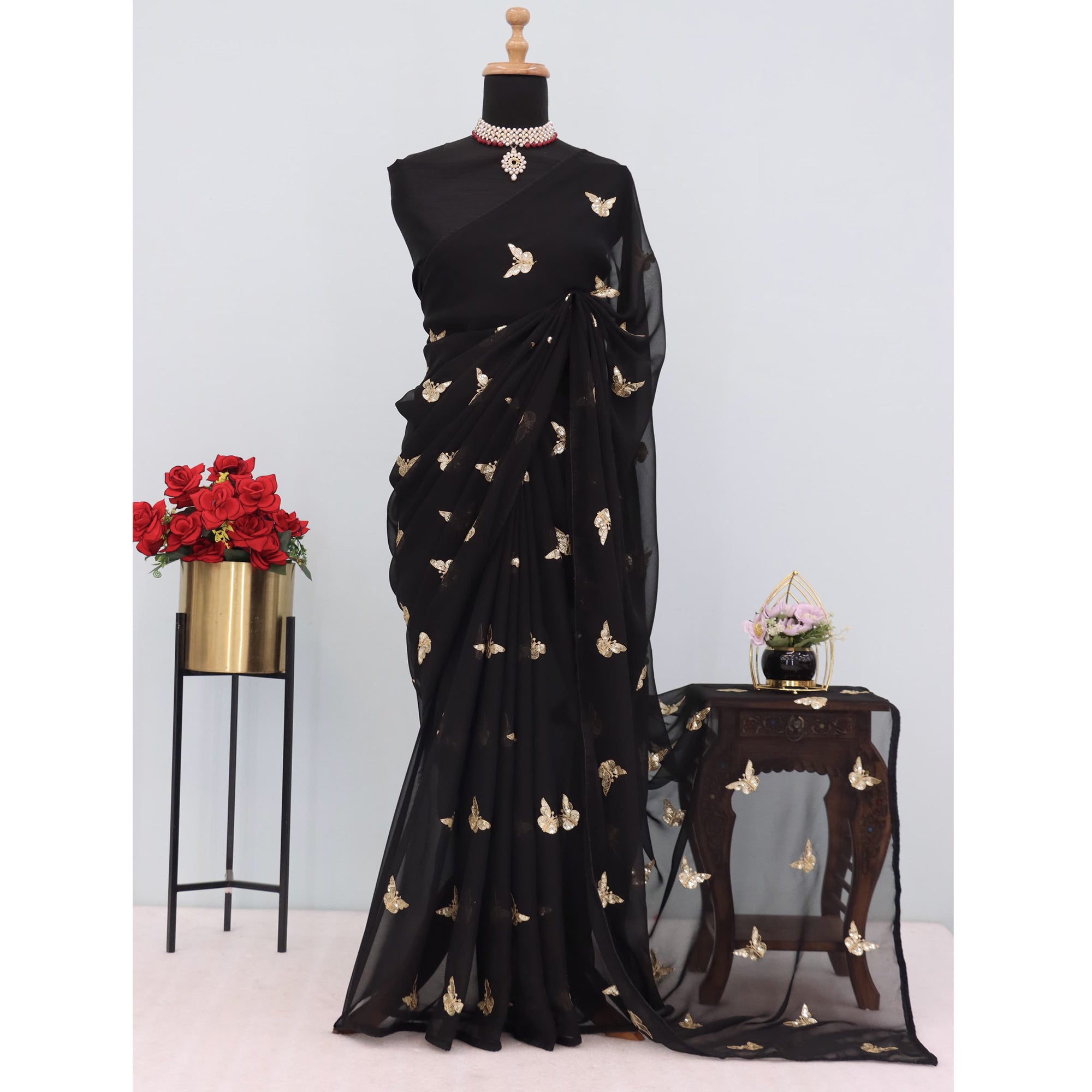 Black Embroidered Georgette Saree With Shimmering Butterfly Sequin Work