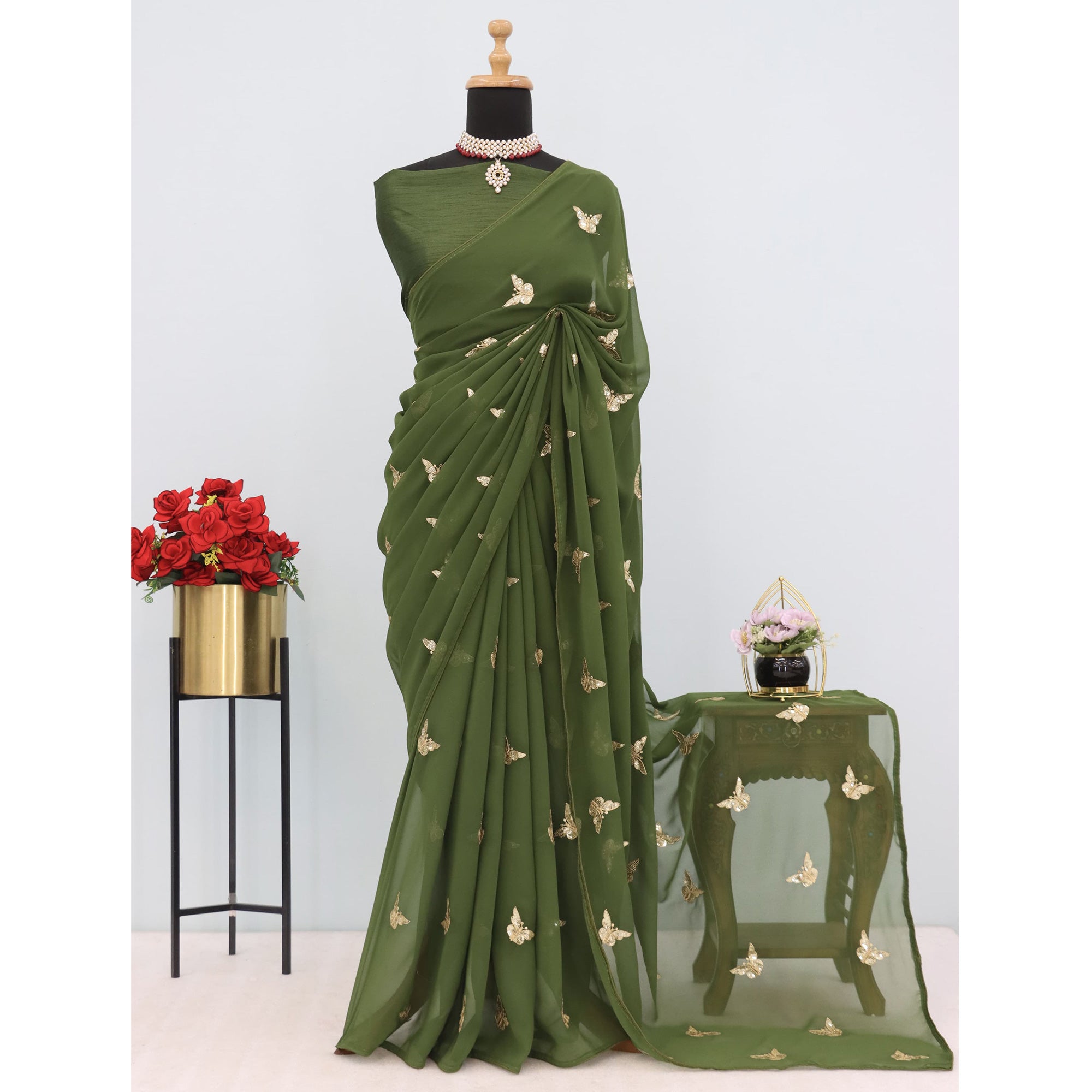 Mehendi Green Embroidered Georgette Saree With Shimmering Butterfly Sequin Work