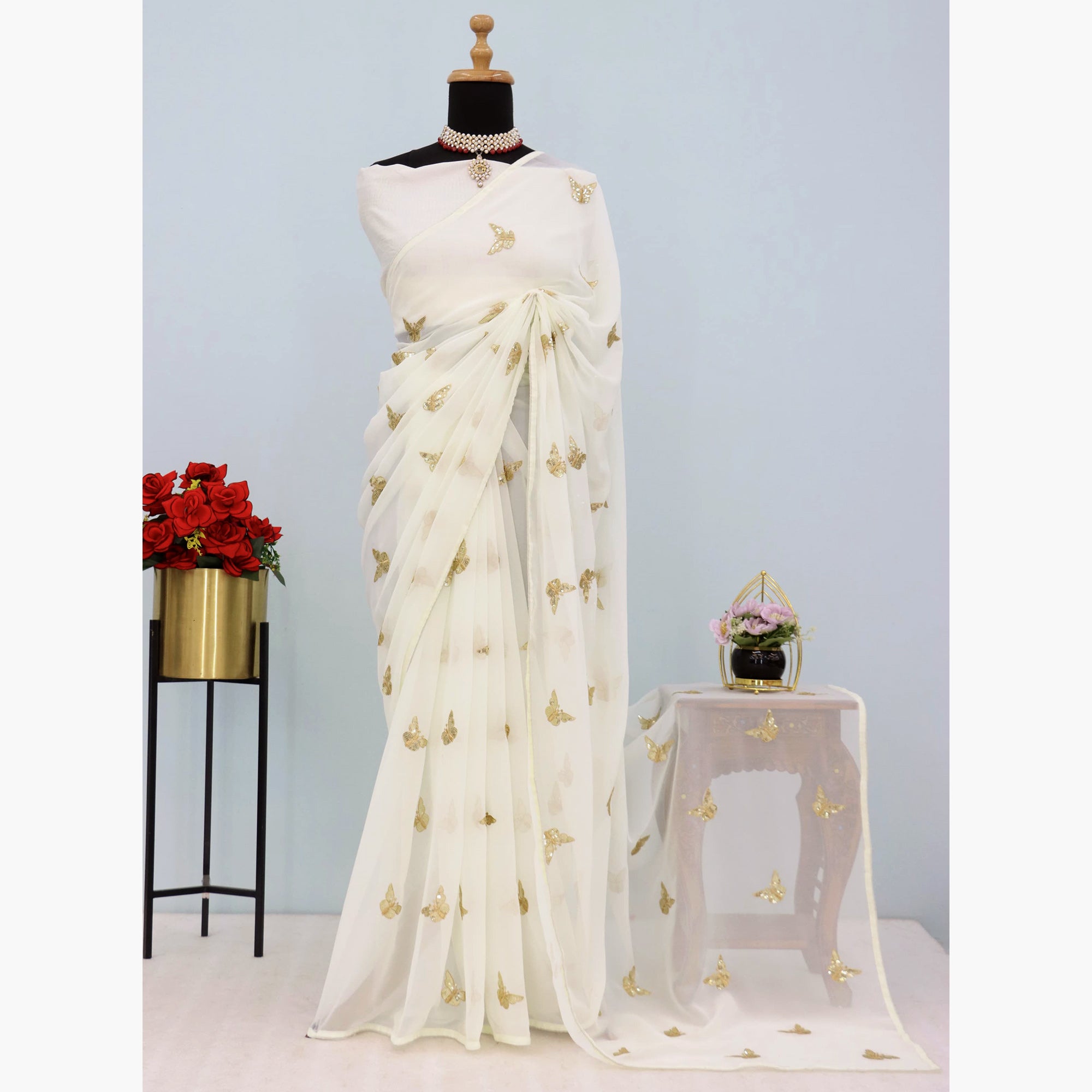 Offwhite Embroidered Georgette Saree With Shimmering Butterfly Sequin Work