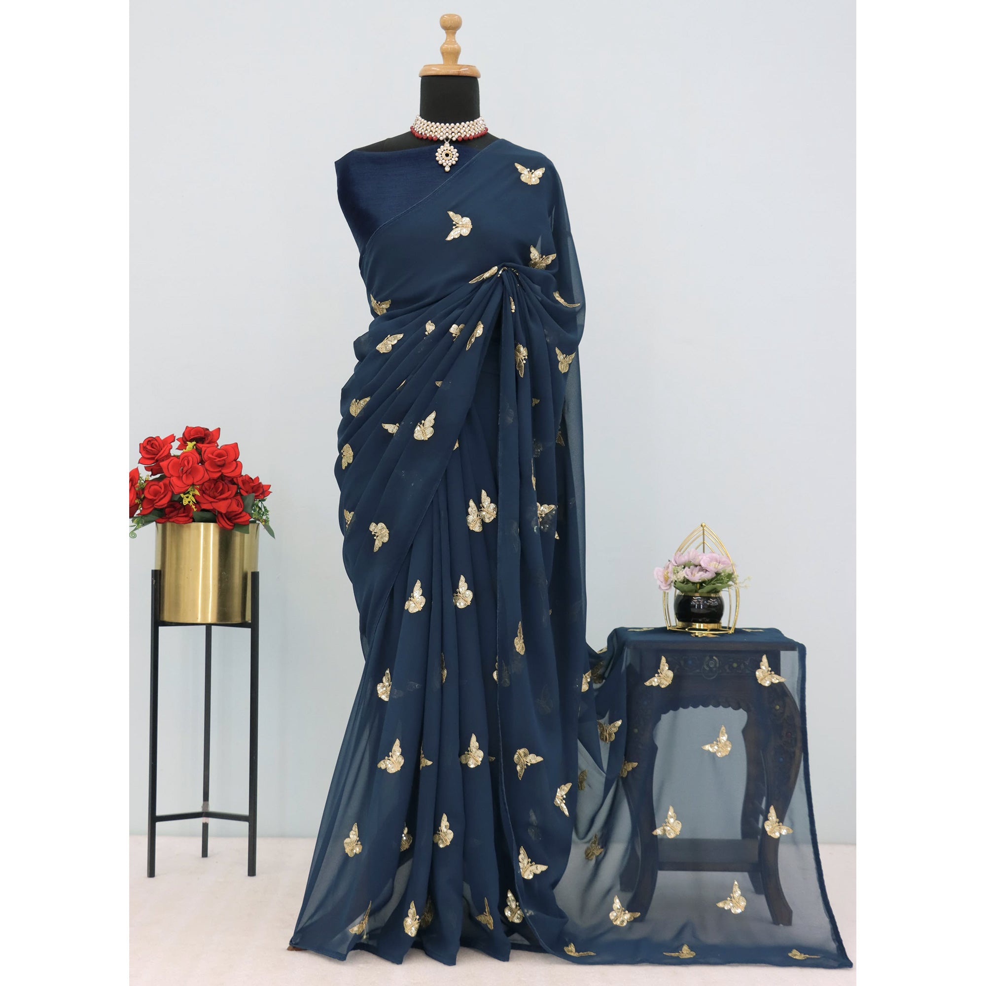 Blue Embroidered Georgette Saree With Shimmering Butterfly Sequin Work