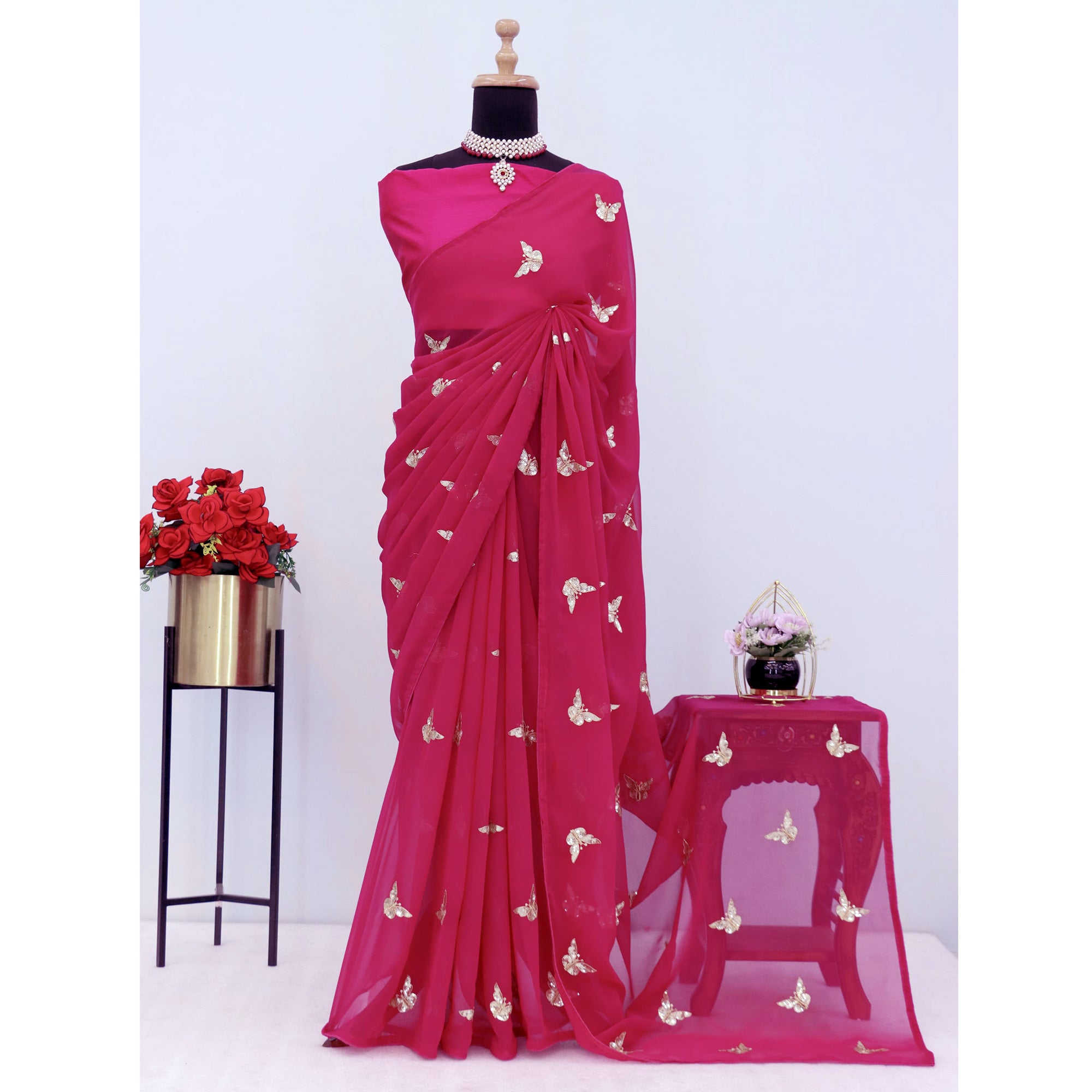 Pink Embroidered Georgette Saree With Shimmering Butterfly Sequin Work