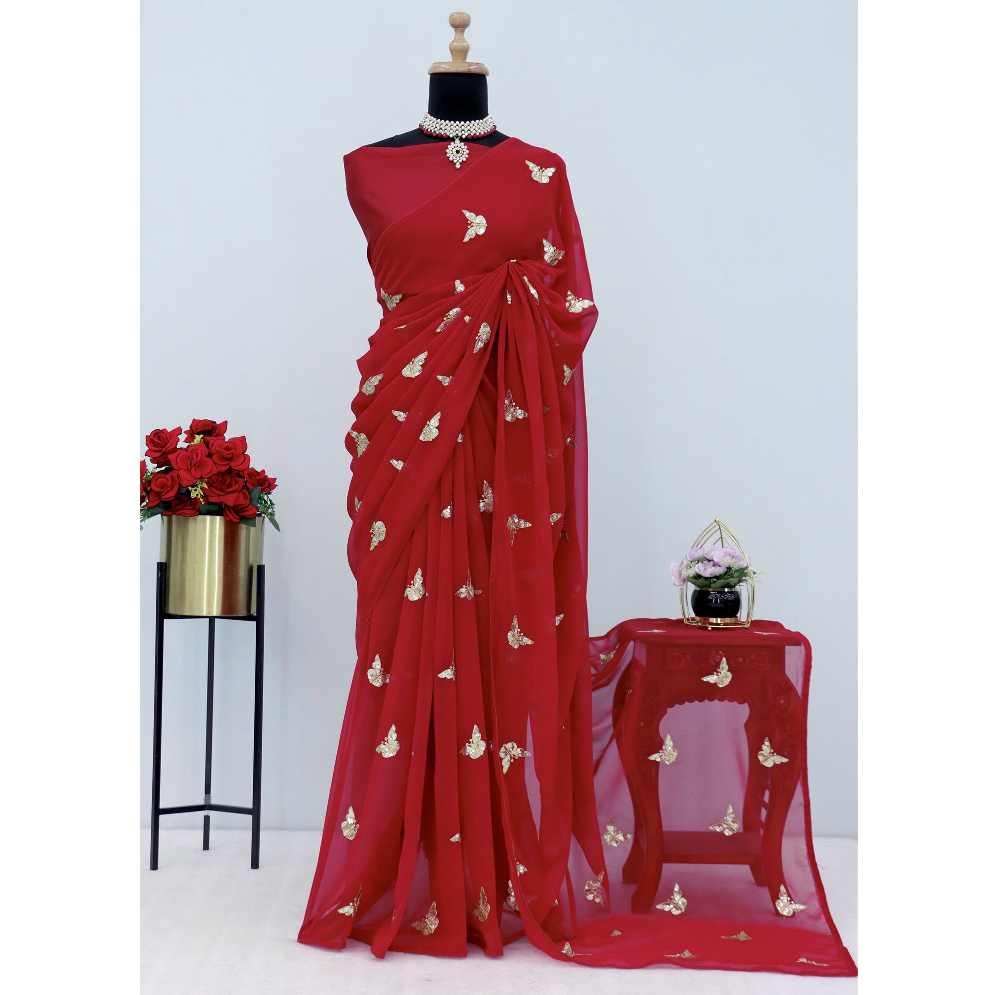 Red Embroidered Georgette Saree With Shimmering Butterfly Sequin Work