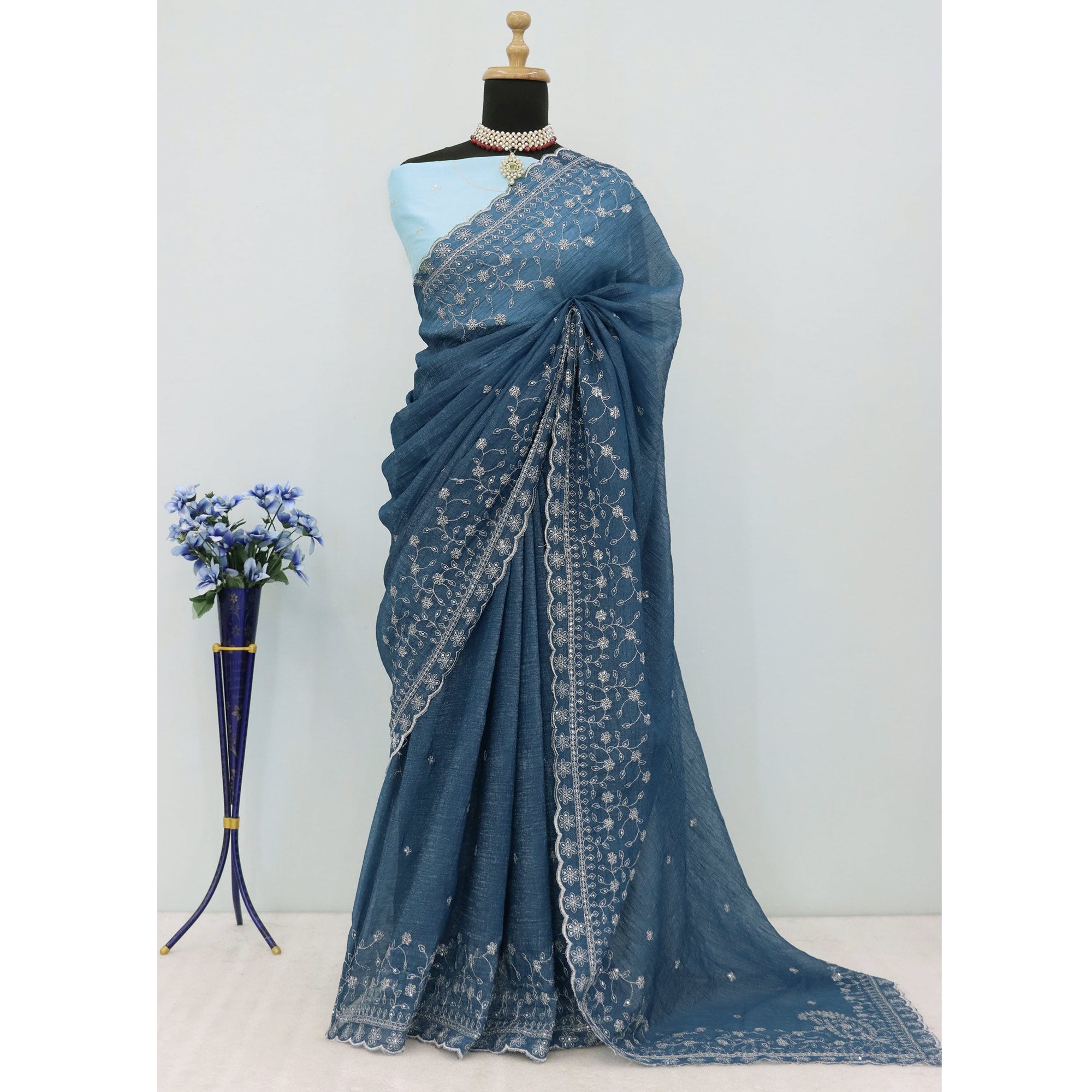 Dusty Blue Silk Blend Crush Saree Adorned With Floral Thread Embroidery & Sequins