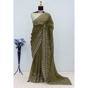Mehendi Green Silk Blend Crush Saree Adorned With Floral Thread Embroidery & Sequins