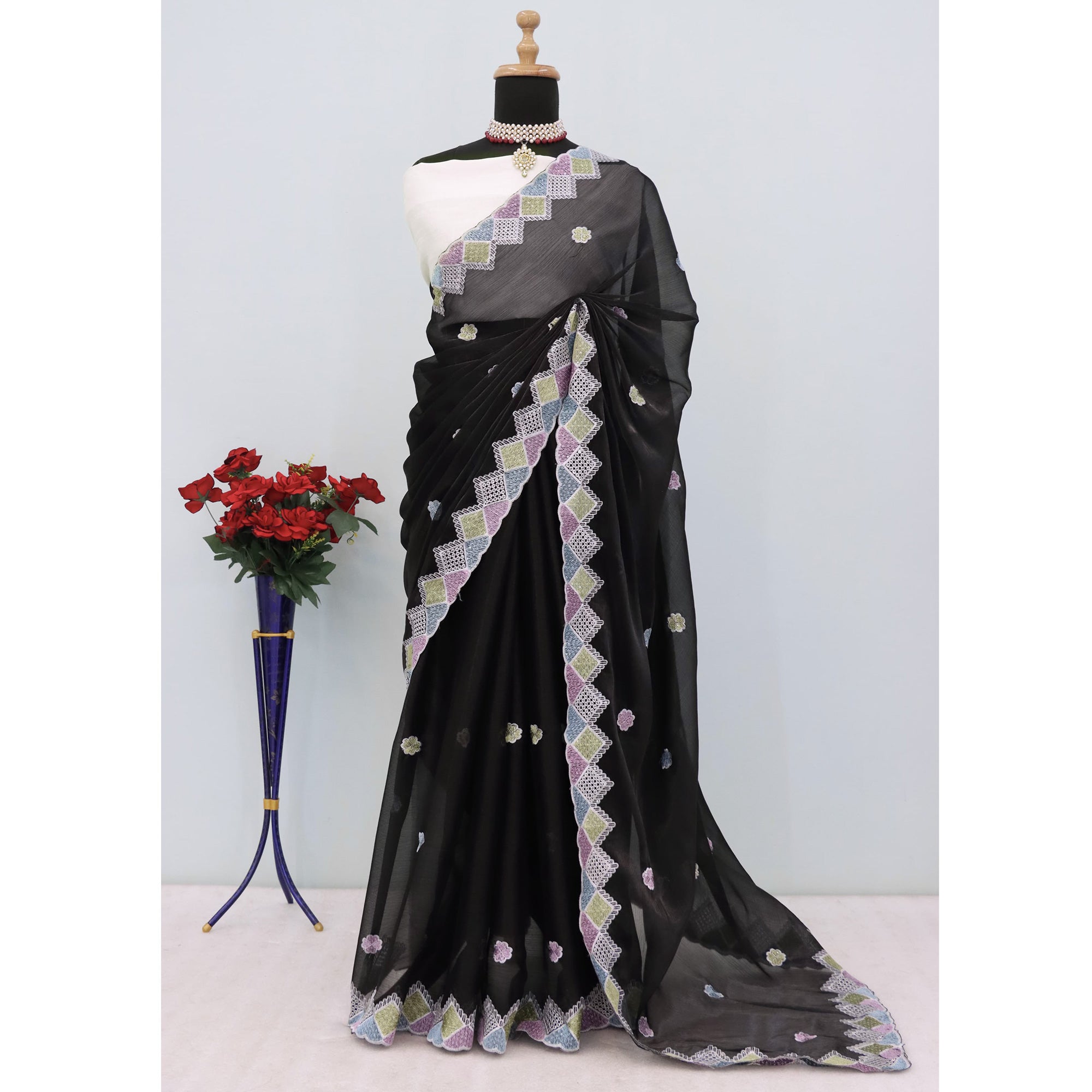 Elegant Black Chiffon Silk Saree Adorned With Delicate Floral Sequin Work