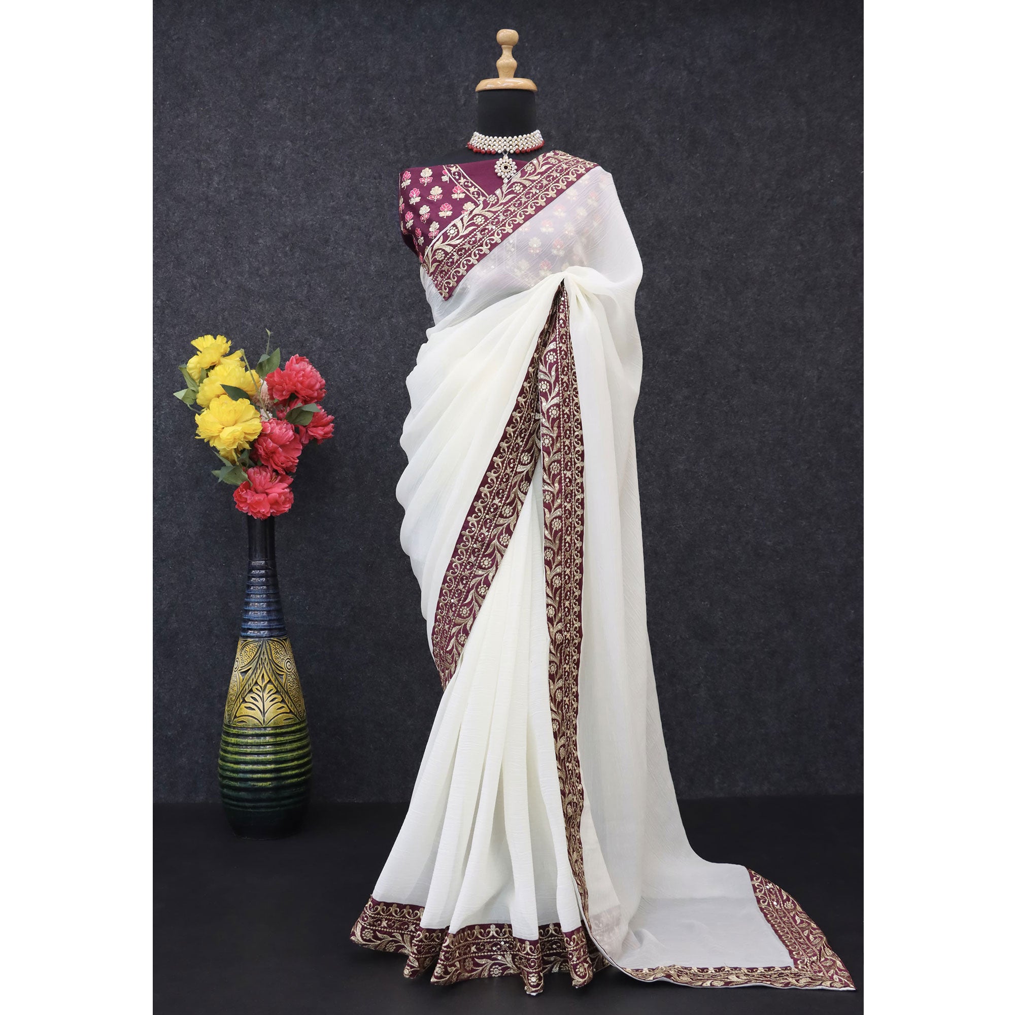 Offwhite Solid Crunchy Silk Blend Saree With Sequins Embroidery Border Work