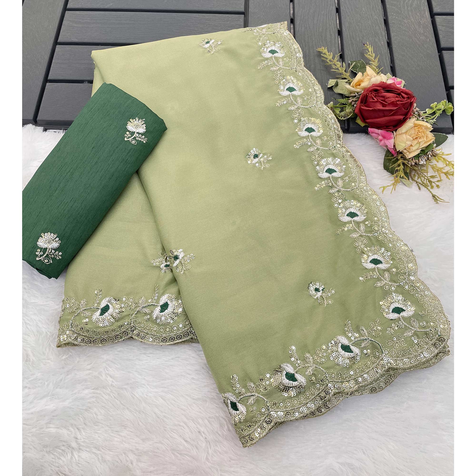 Green Georgette Silk Saree With Floral Sequin Embroidery & Graceful Cutwork Detailing Border