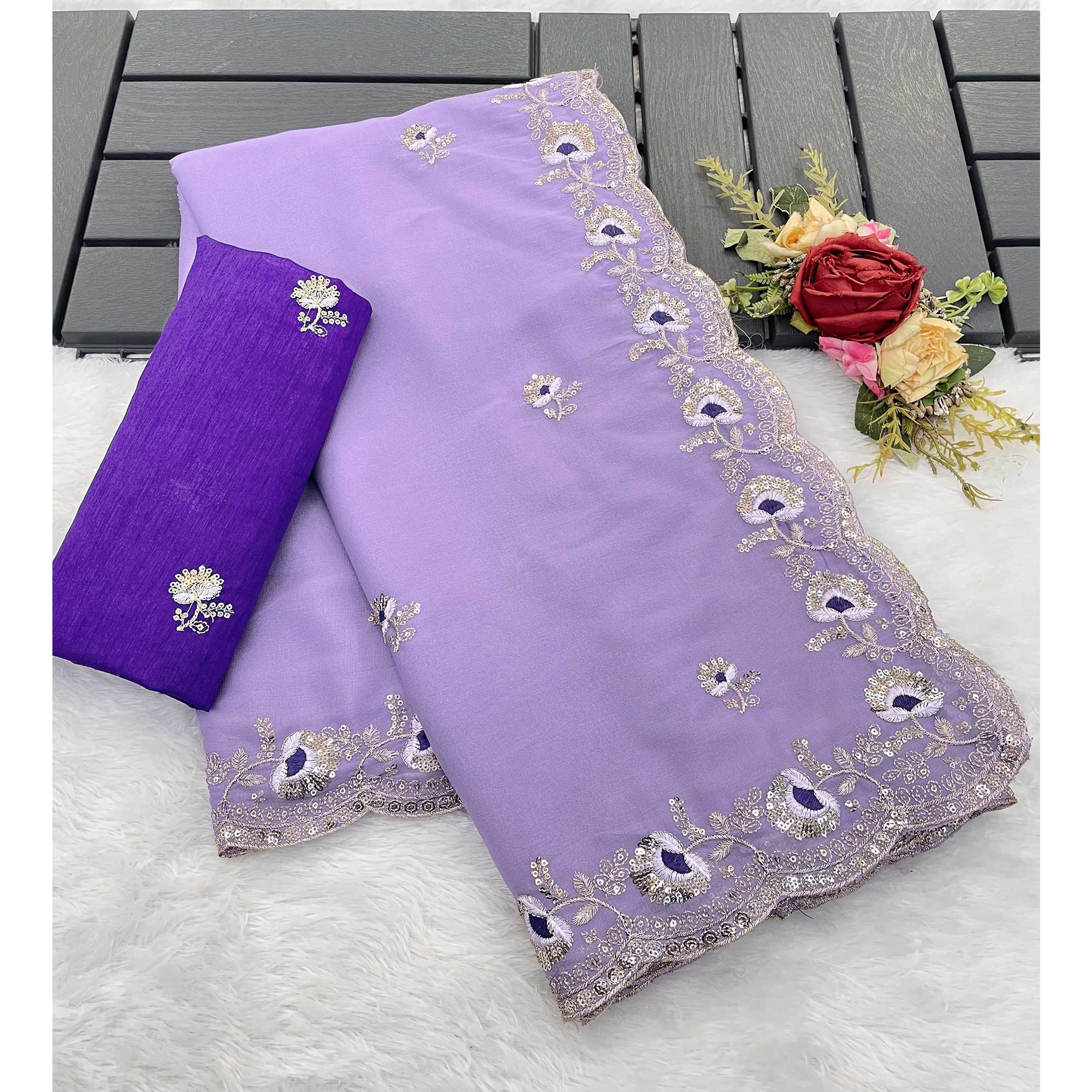 Lavender Georgette Silk Saree With Floral Sequin Embroidery & Graceful Cutwork Detailing Border