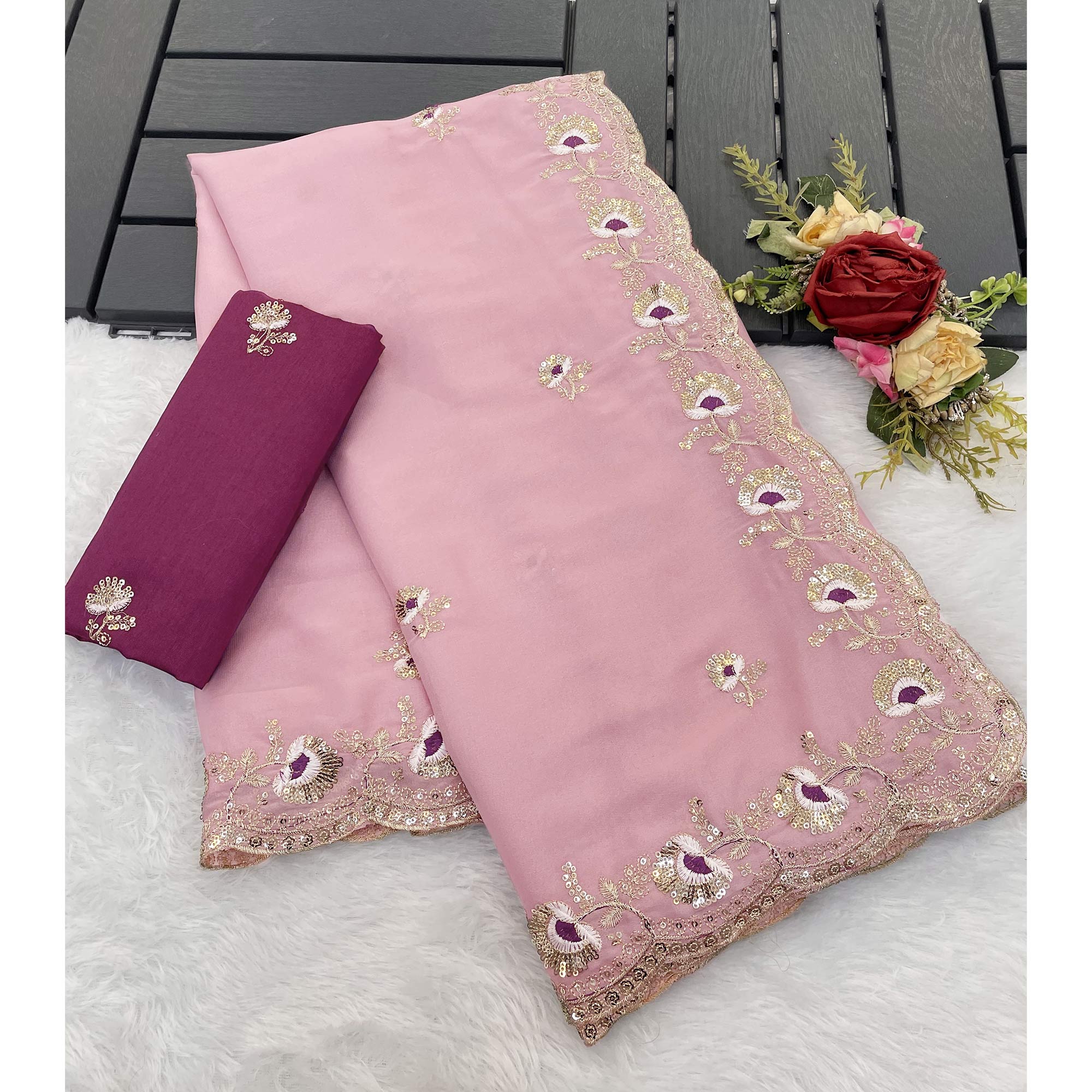 Pink Georgette Silk Saree With Floral Sequin Embroidery & Graceful Cutwork Detailing Border