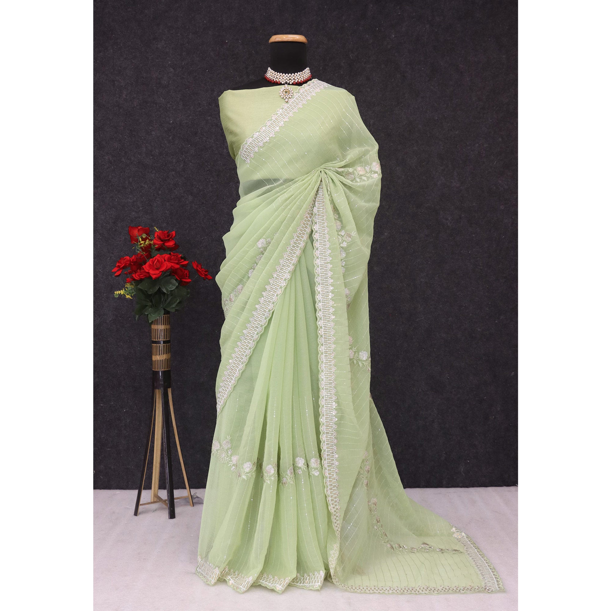 Green Shimmer Chiffon Saree with Floral Sequin Embroidery & Fine Cutwork Detailing