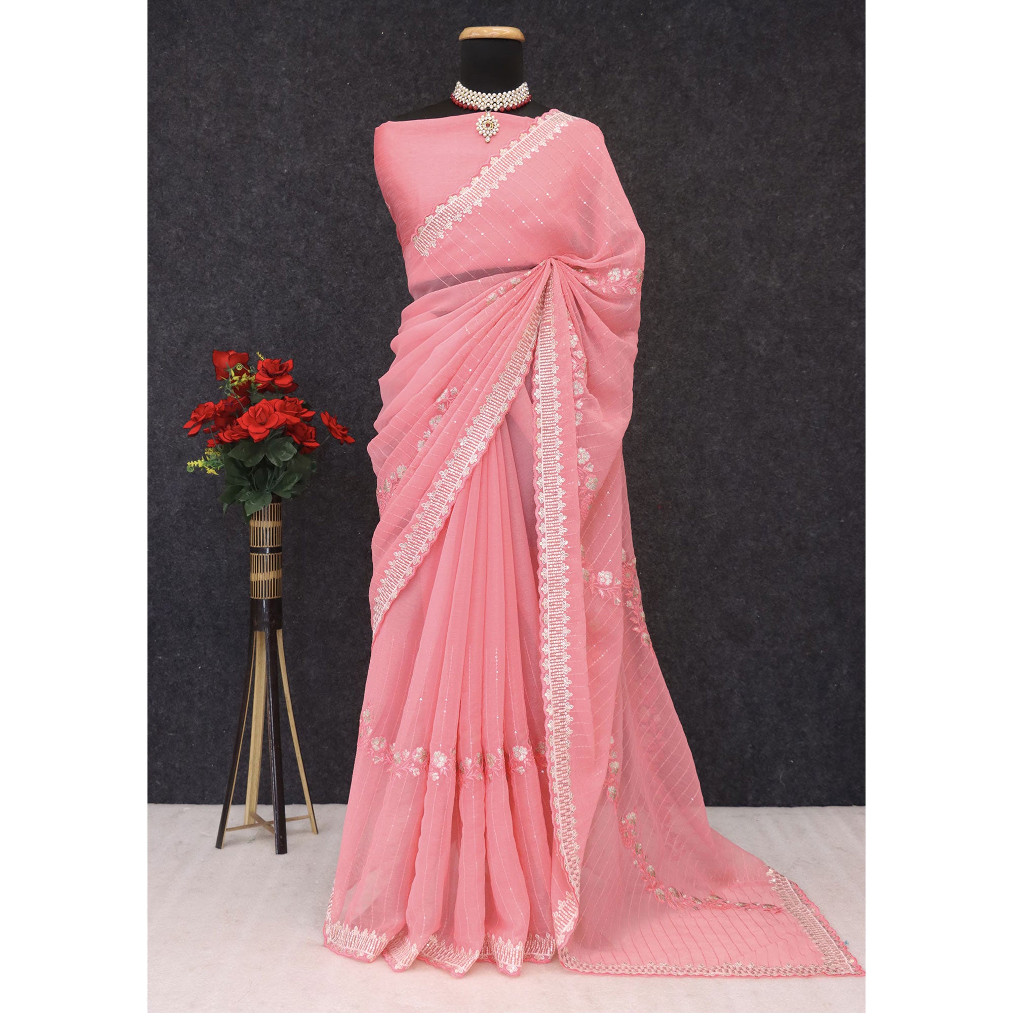 Rose Pink Shimmer Chiffon Saree with Pastel Floral Sequin Embroidery & Delicate Cutwork Border