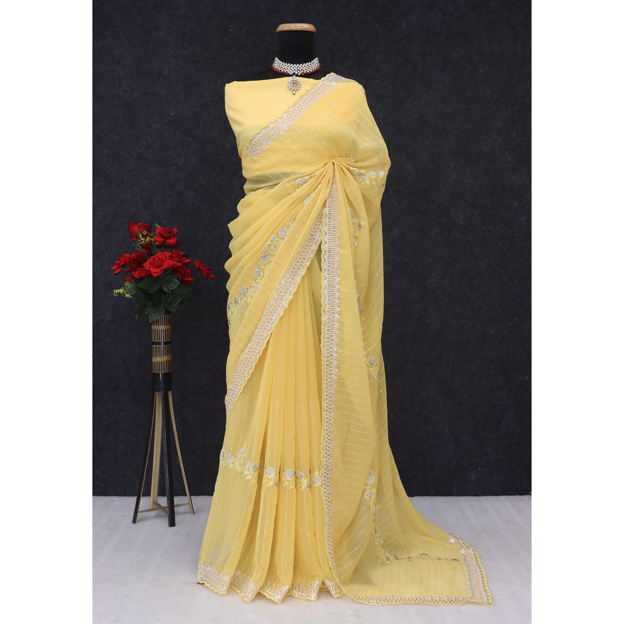 Yellow Shimmer Chiffon Saree with Floral Sequin Embroidery & Intricate Cutwork Border