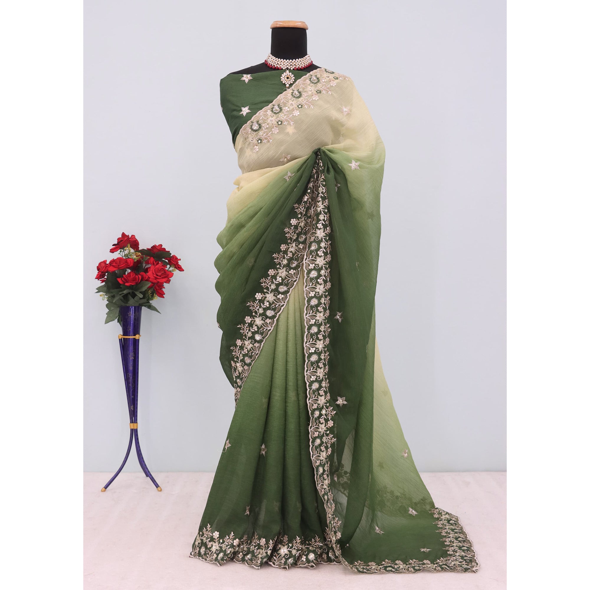 Green Crunchy Crush Saree Featuring Floral Thread Embroidery & Sequins Embellishment