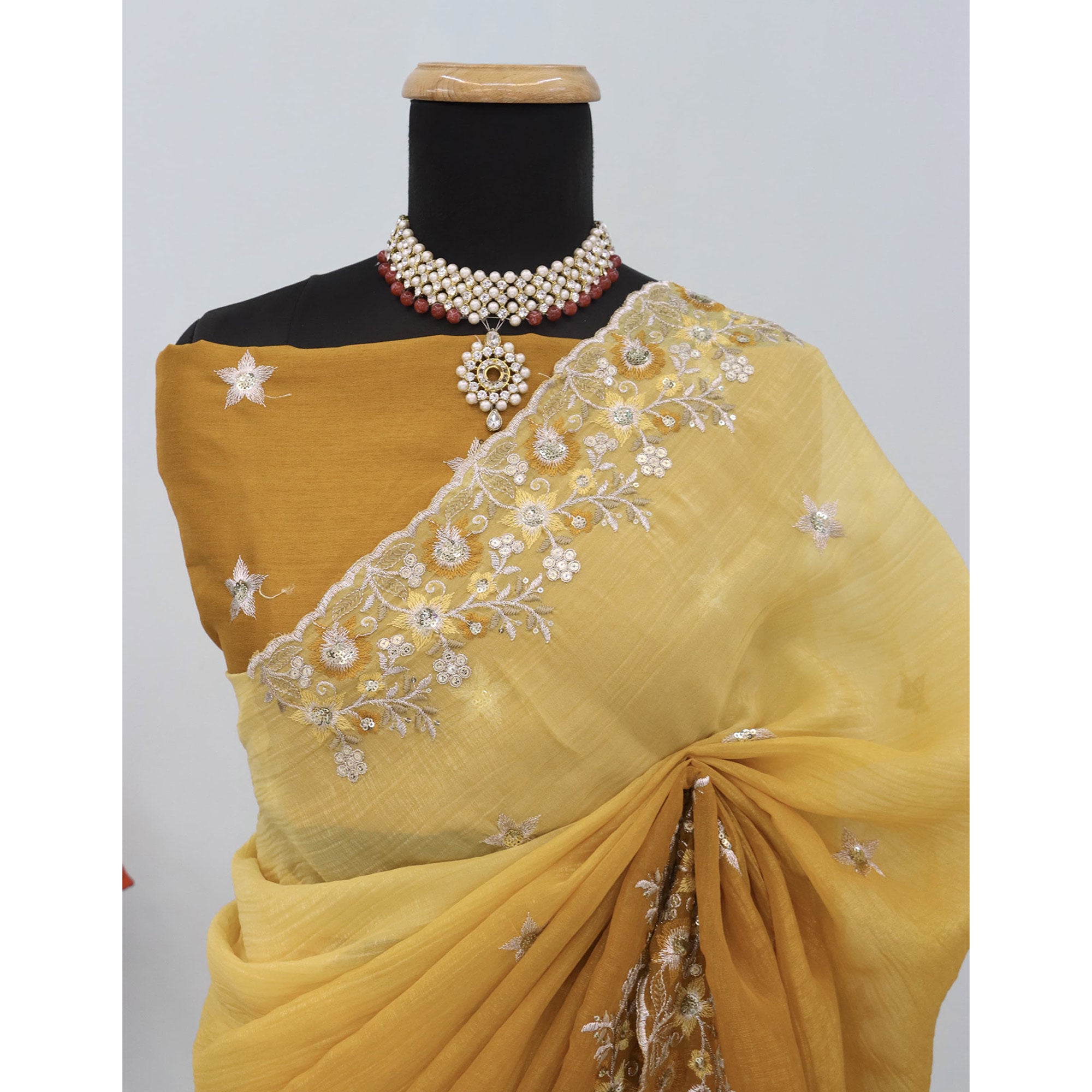 Mustard Crunchy Crush Saree Featuring Floral Thread Embroidery & Sequins Embellishment