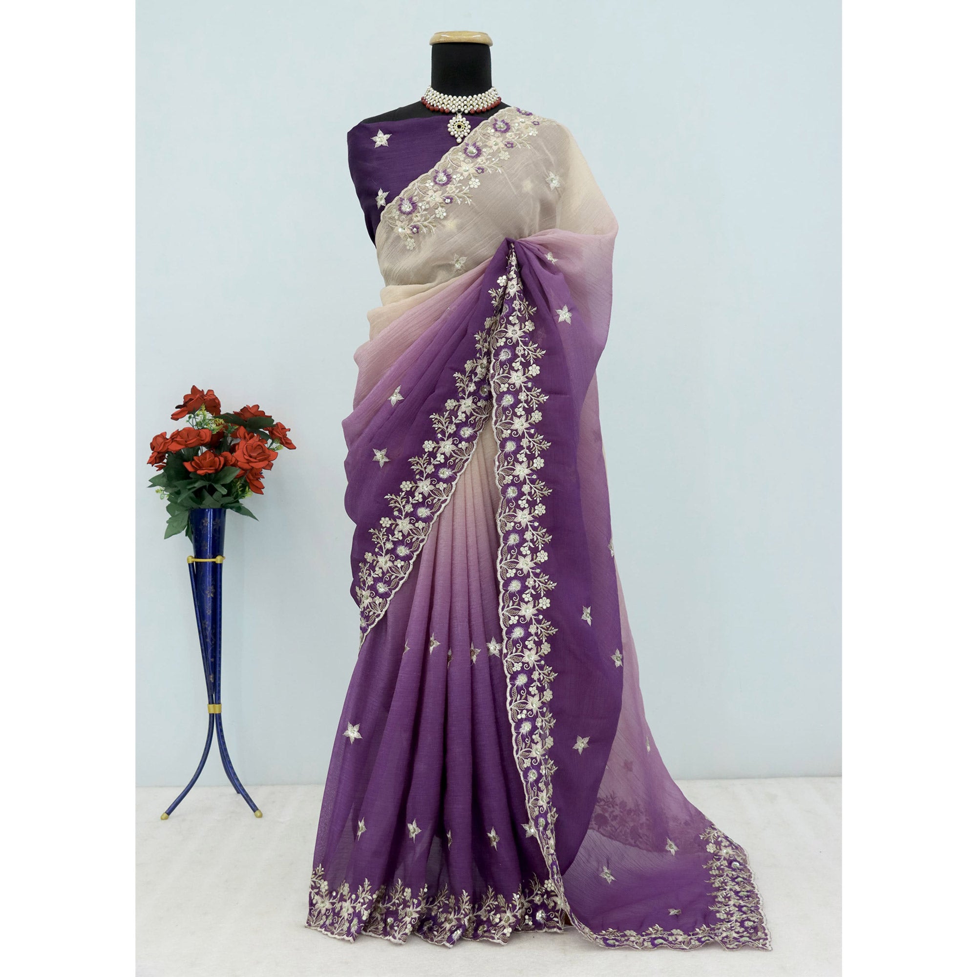 Purple Crunchy Crush Saree Featuring Floral Thread Embroidery & Sequins Embellishment