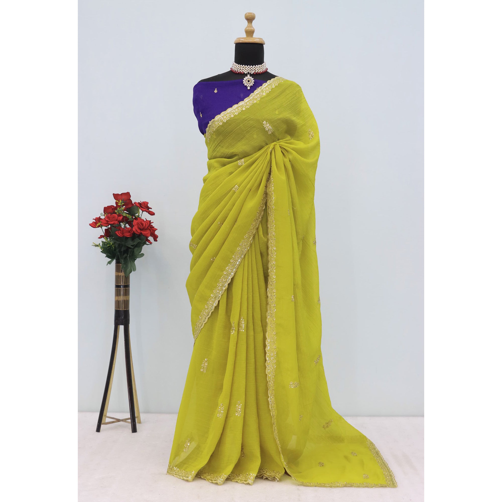 Enchanting Green Crunchy Crush Saree With Delicate Floral Thread Embroidery & Sparkling Sequins Accents
