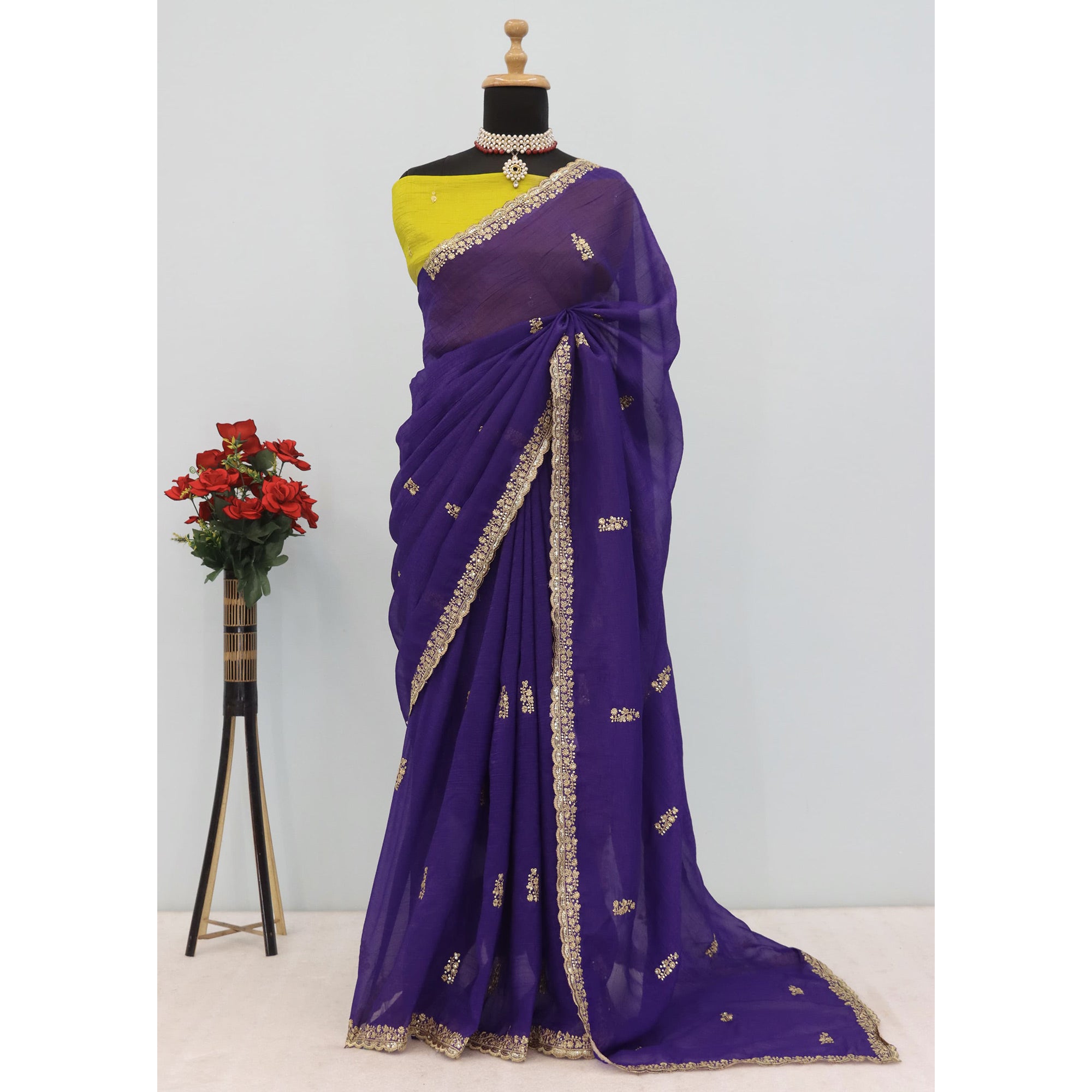 Royal Purple Crunchy Crush Saree Adorned With Floral Thread Embroidery & Gleaming Sequins Detailing