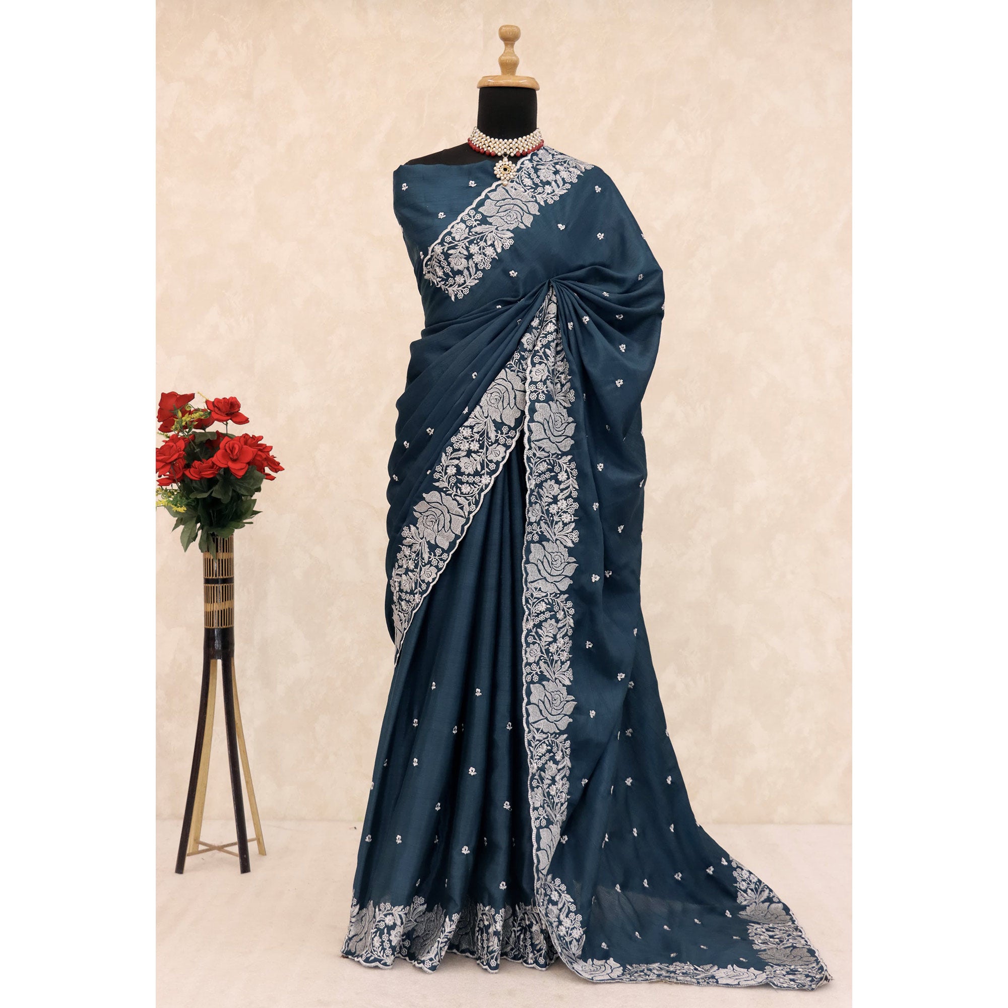 Dark Teal Blue Chinon Chiffon Saree With Graceful Floral Zari Embroidery