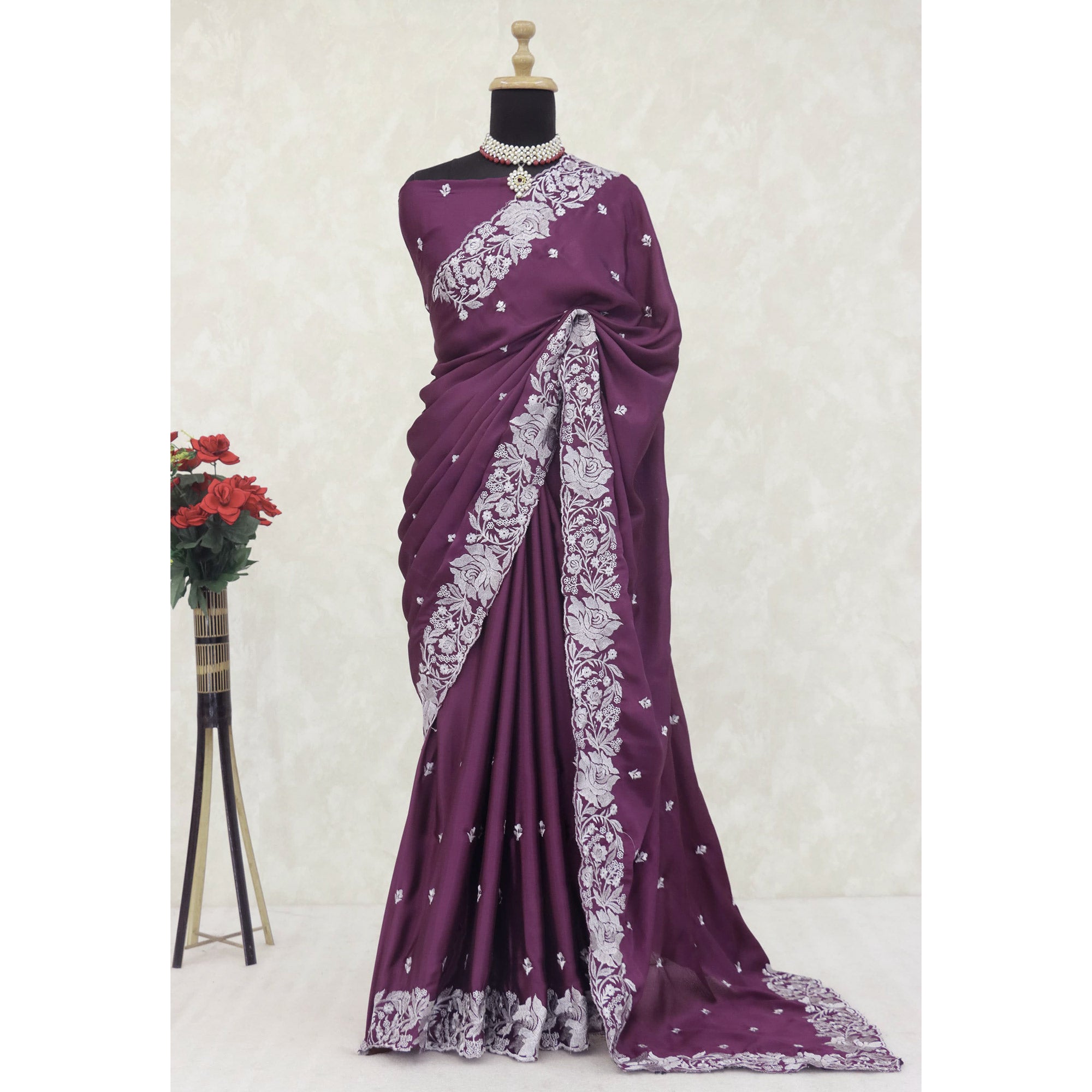 Ethereal Plum Purple Saree With Intricate Floral Zari Accents On Chinon Chiffon