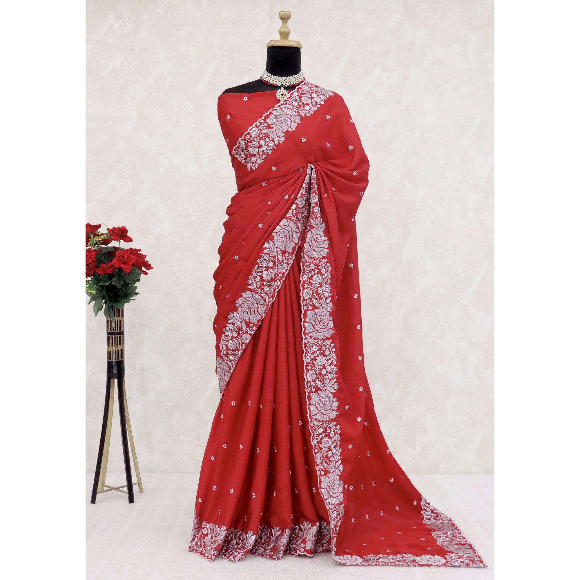 Elegant Red Chinon Chiffon Saree Embellished with Timeless Floral Zari Embroidery