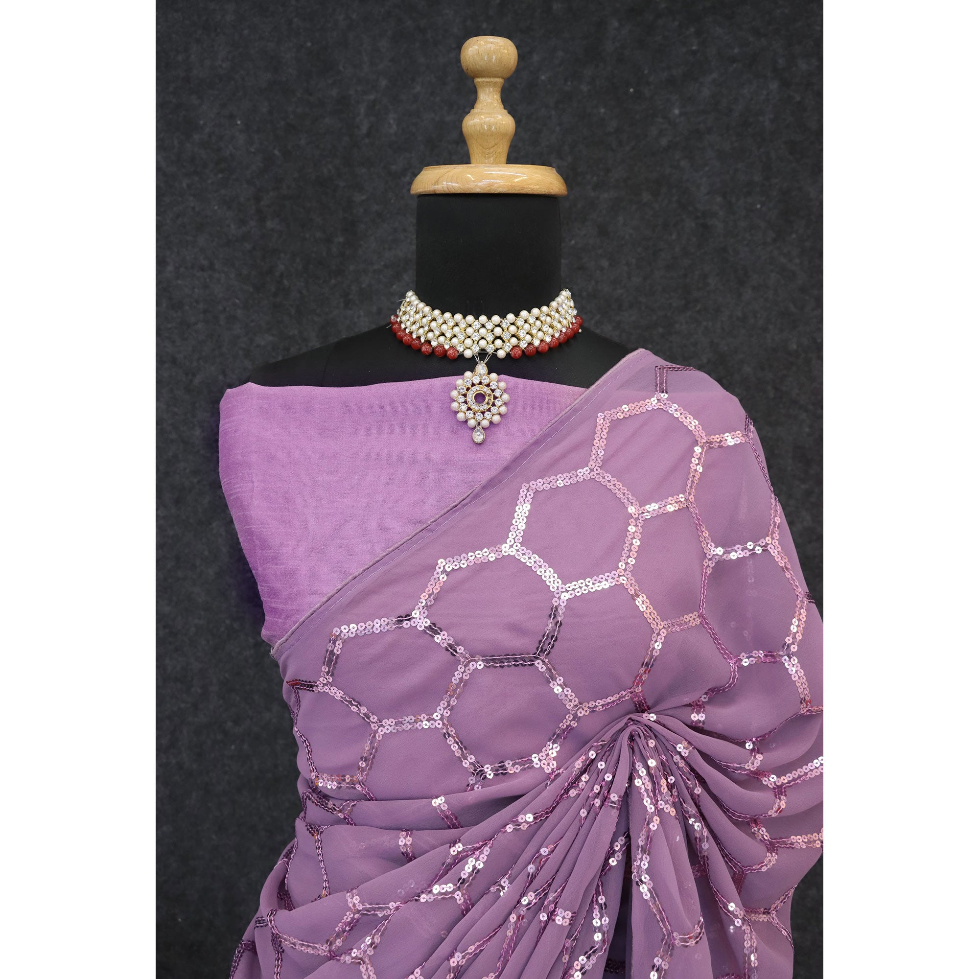 Lilac Purple Georgette Silk Saree Embellished With Sparkling Sequins Embroidery & Piping Border
