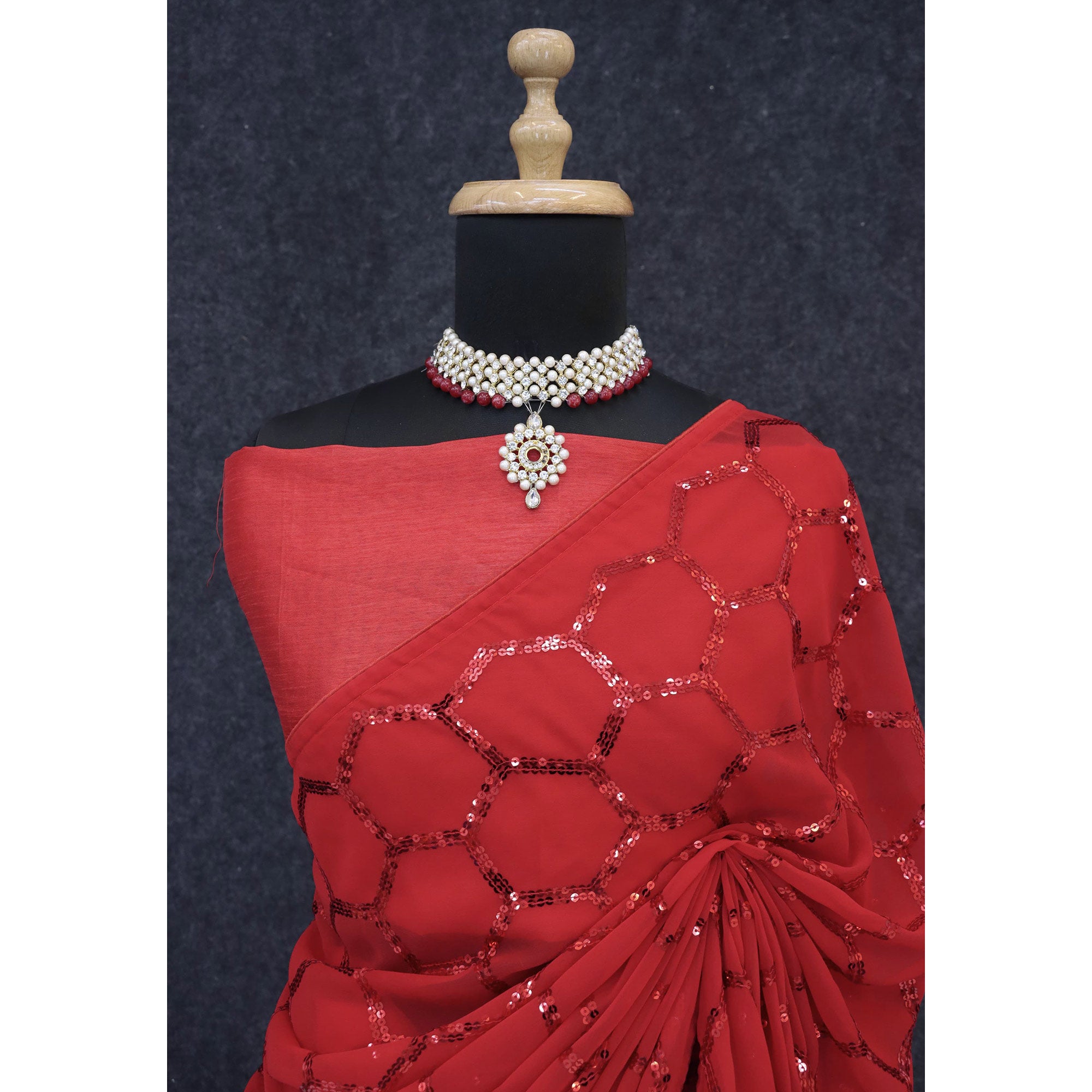 Red Georgette Silk Saree Embellished With Sparkling Sequins Embroidery & Piping Border