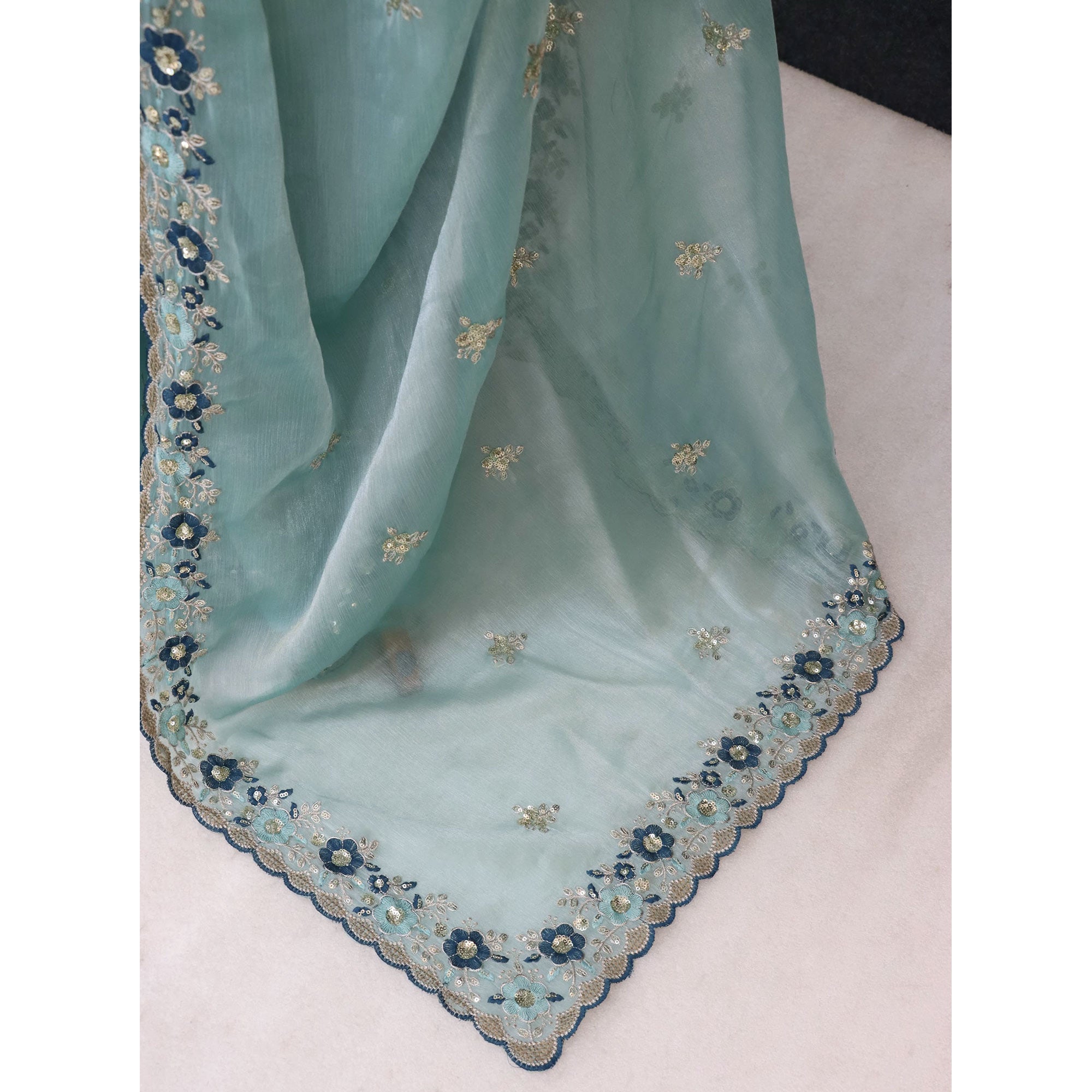 Blue Jimmy Choo Chiffon Saree Adorned With Floral Embroidery & Delicate Sequins Work