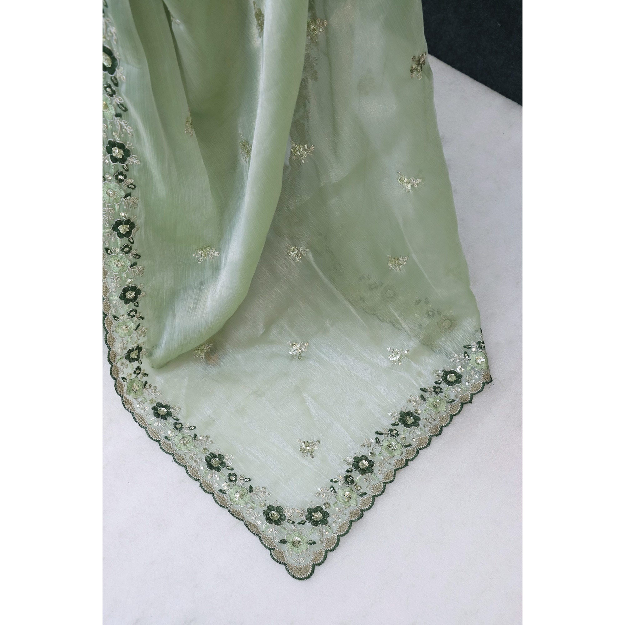 Green Jimmy Choo Chiffon Saree Adorned With Floral Embroidery & Delicate Sequins Work