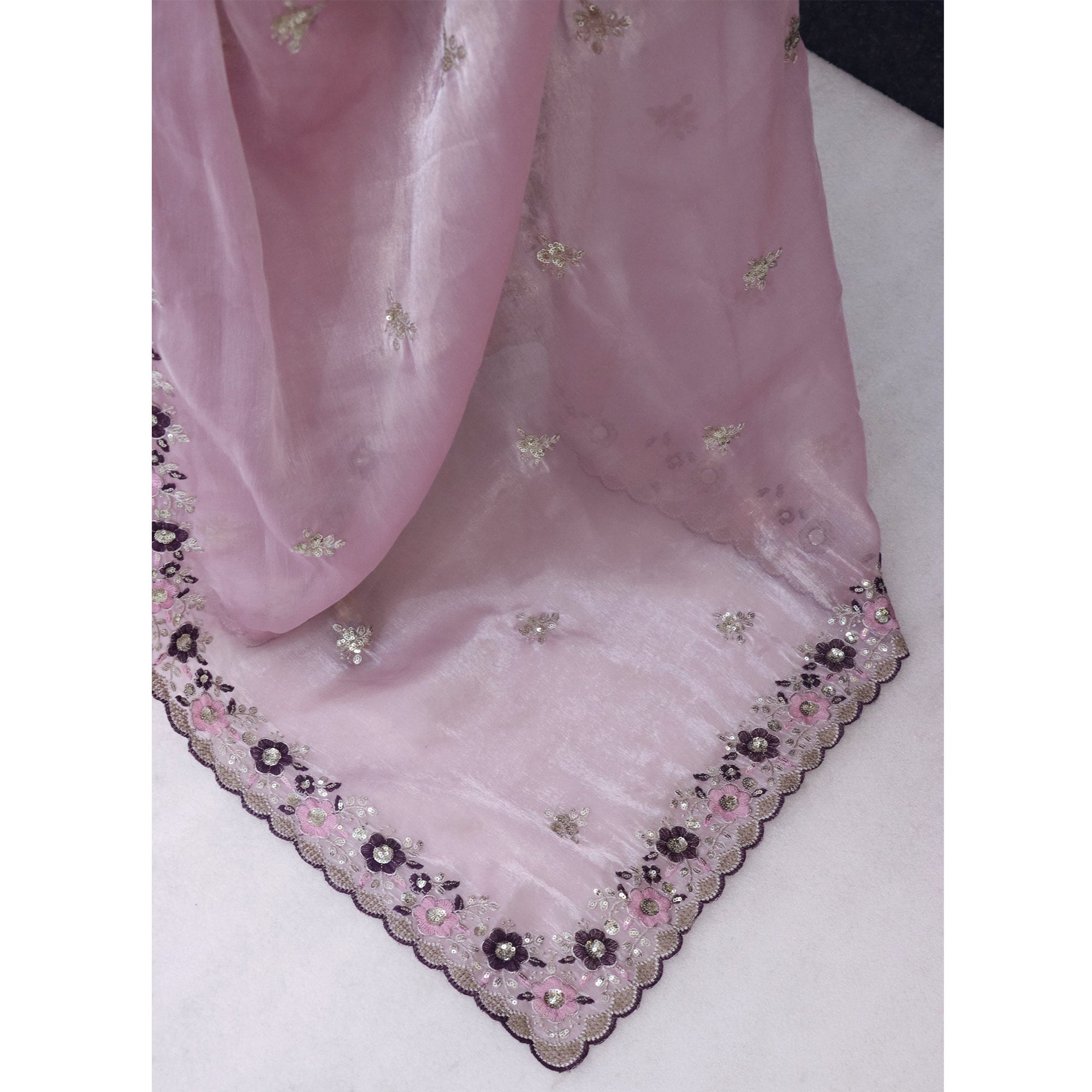 Onion Pink Jimmy Choo Chiffon Saree Adorned With Floral Embroidery & Delicate Sequins Work