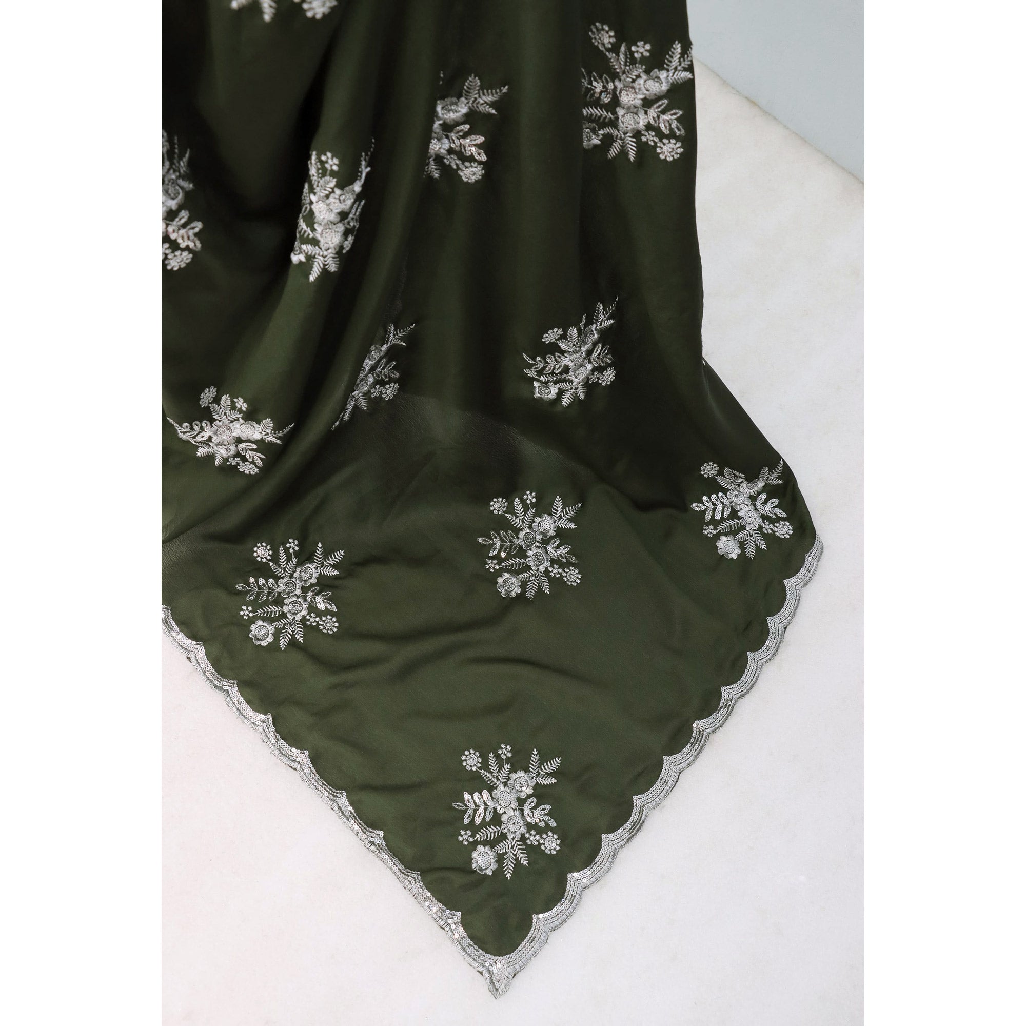 Green Chinon Saree Adorned With Zari Floral Embroidery & Gleaming Sequins Work