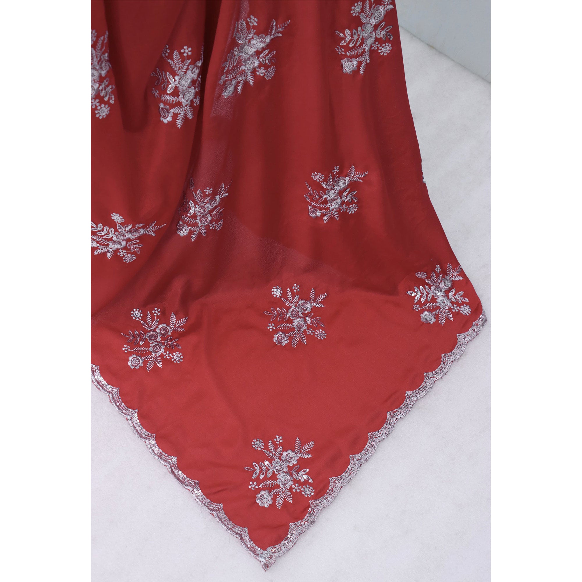 Red Chinon Saree Adorned With Zari Floral Embroidery & Gleaming Sequins Work